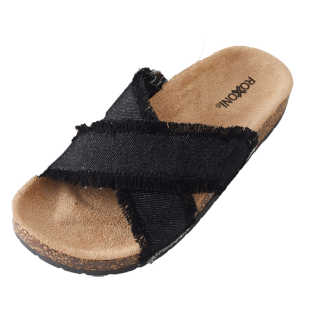 Roxoni Women’s Cross Strap Denim Slide Sandals with Cork Footbed Open Toe Slippers