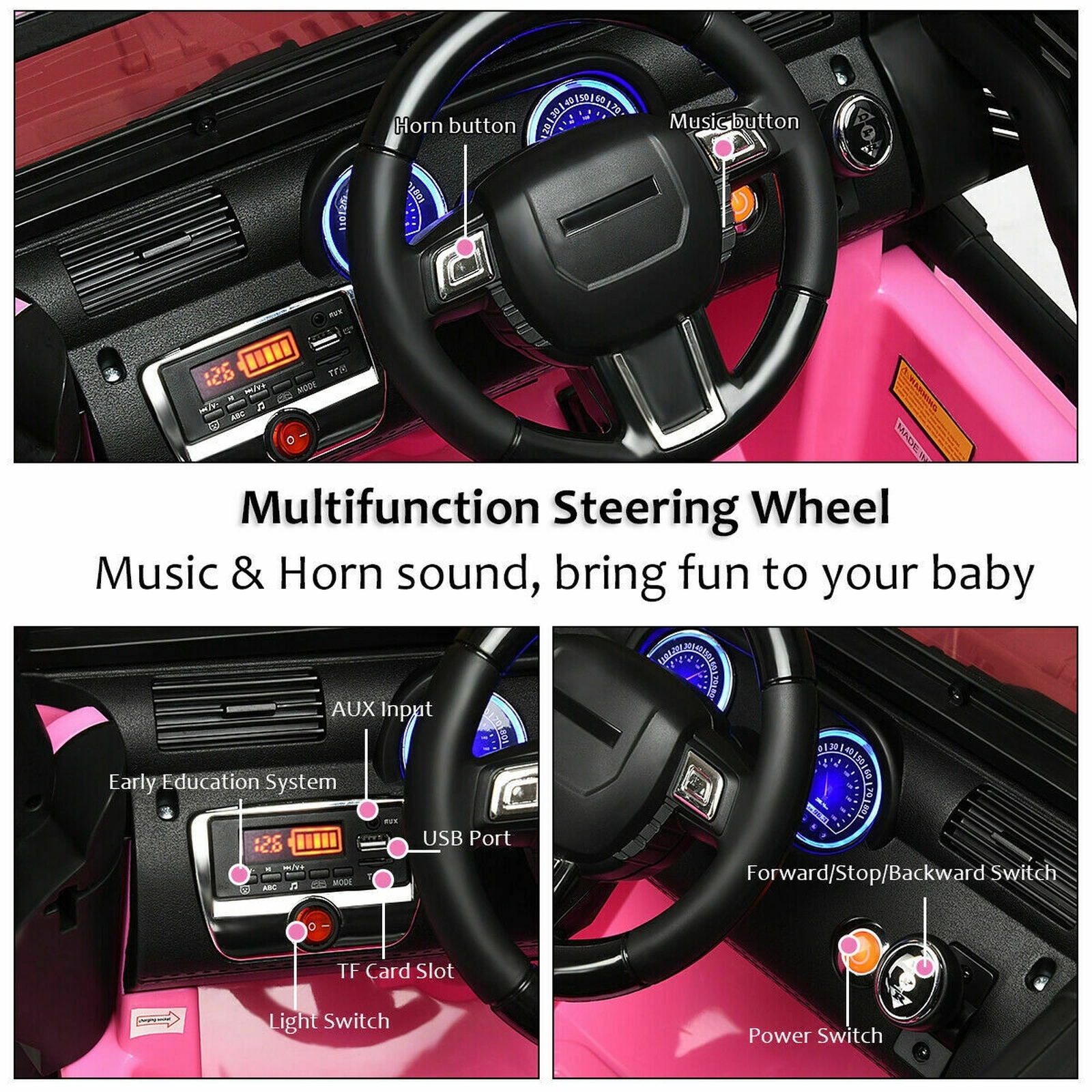 12V Kids Electric Car Ride On Truck Parent Remote Magnetic Door Locks Spring Suspension and LED Lights Ages 3-7 Pink