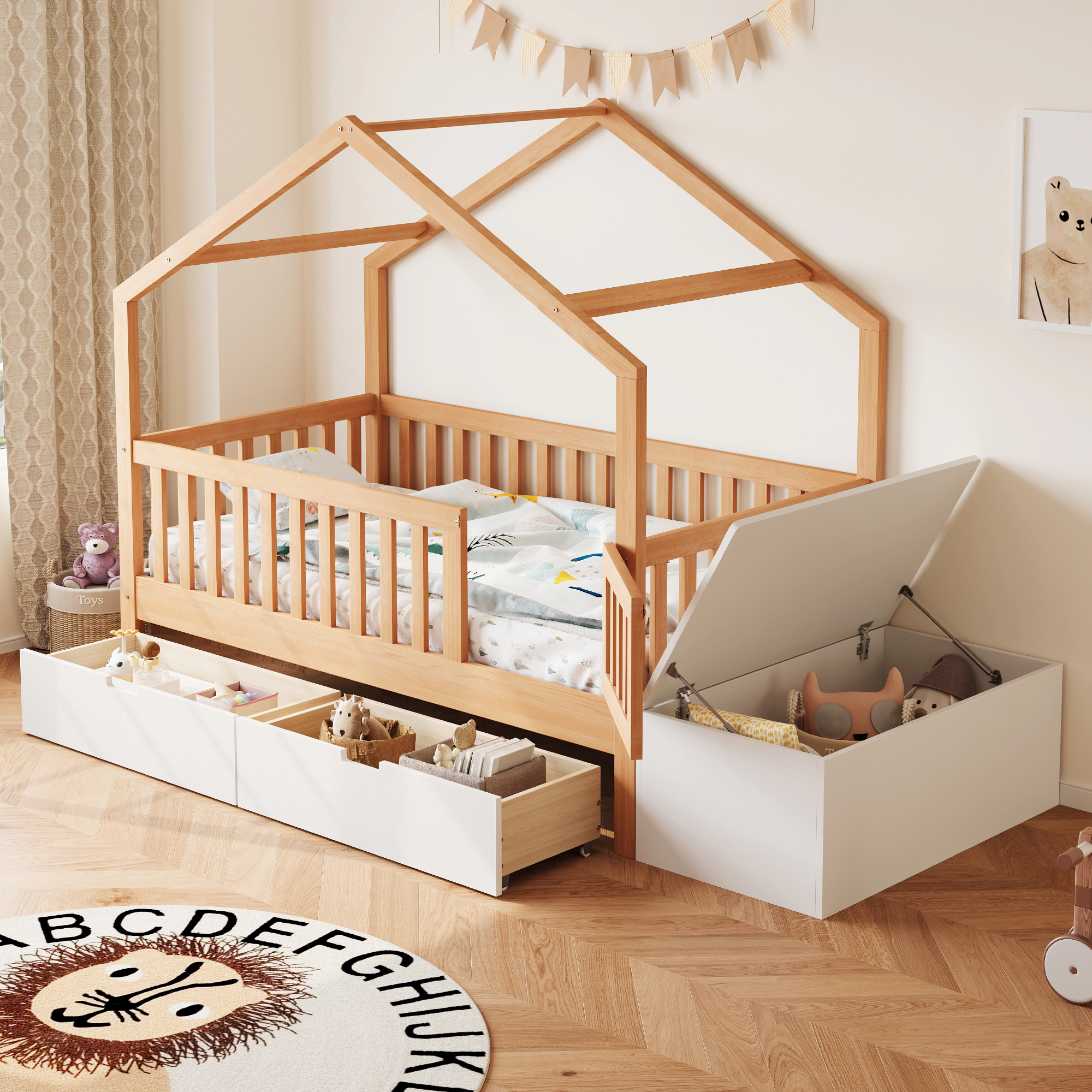 Flynama Toddler Playhouse Bed with Storage, Safety Gate & Lift-Top Chest, Natural & White