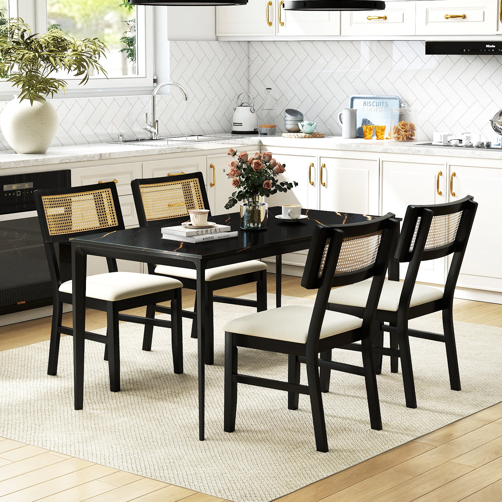 LJG Rattan Dining Chairs Set of Fabric Upholstered Kitchen Chairs with Padded Seat and Rubber Wood Legs