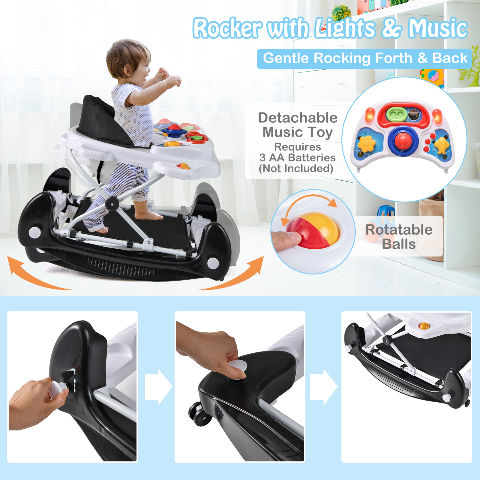 SUGIFT 6 1 Foldable Baby Walker with Detachable Music Tray and Rocker Mode