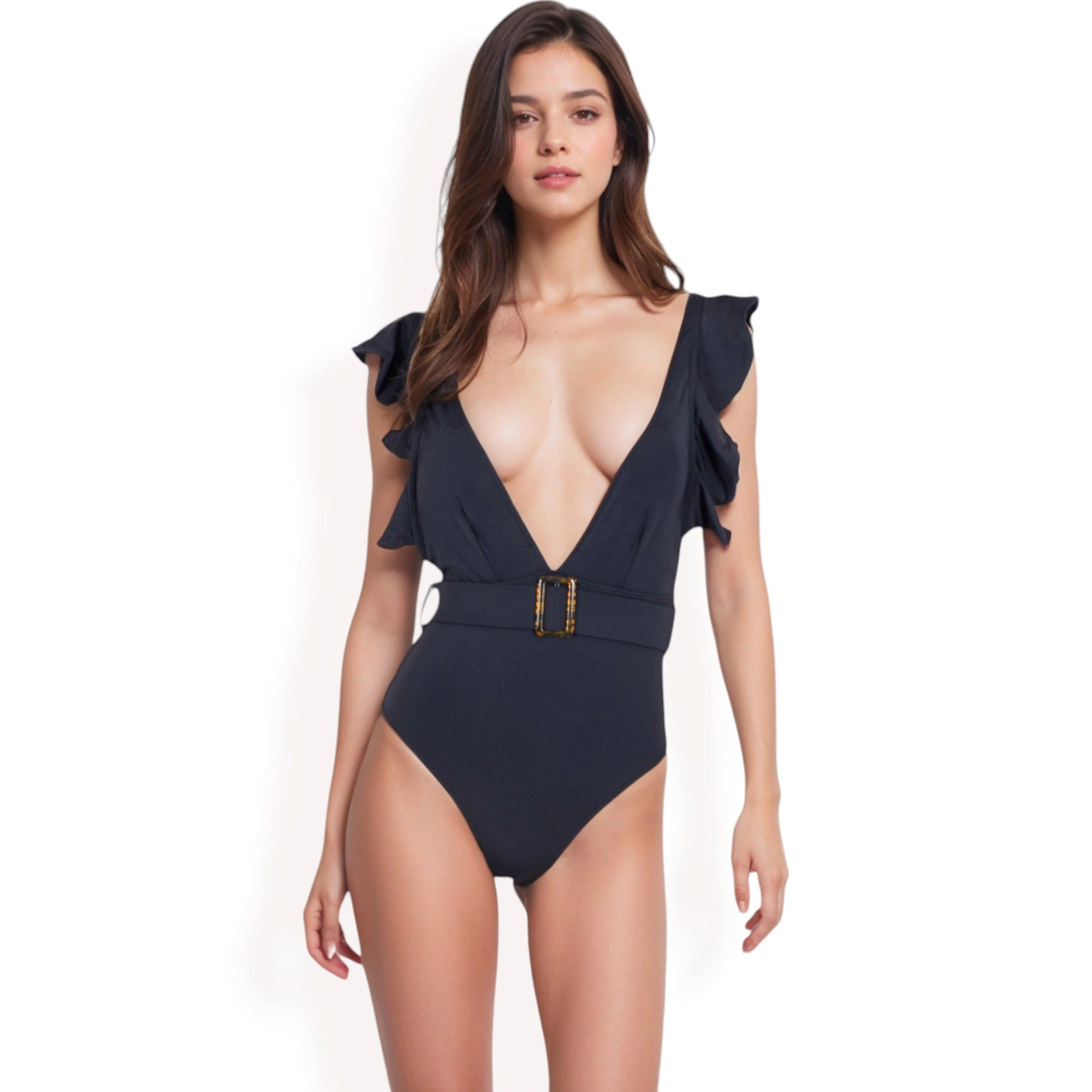 Anna-Kaci Women Ruffle Shoulder Deep V One-Piece Swimsuit Belted Waist