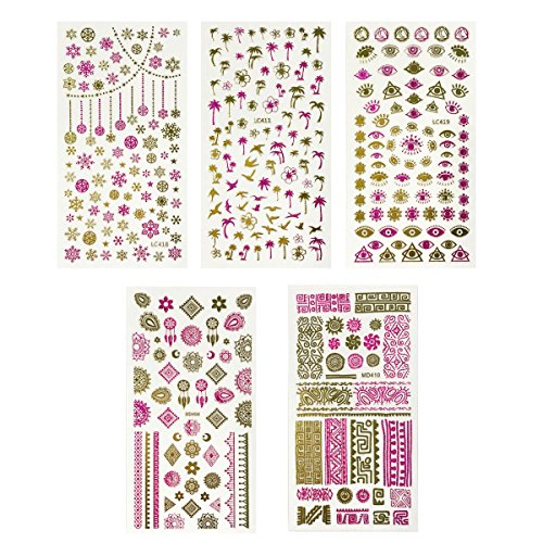 Wrapables 450+ Nail Stickers Pink & Gold Foil Nail Stickers Nail Art Henna Nail Stickers, 5 sheets - Prints