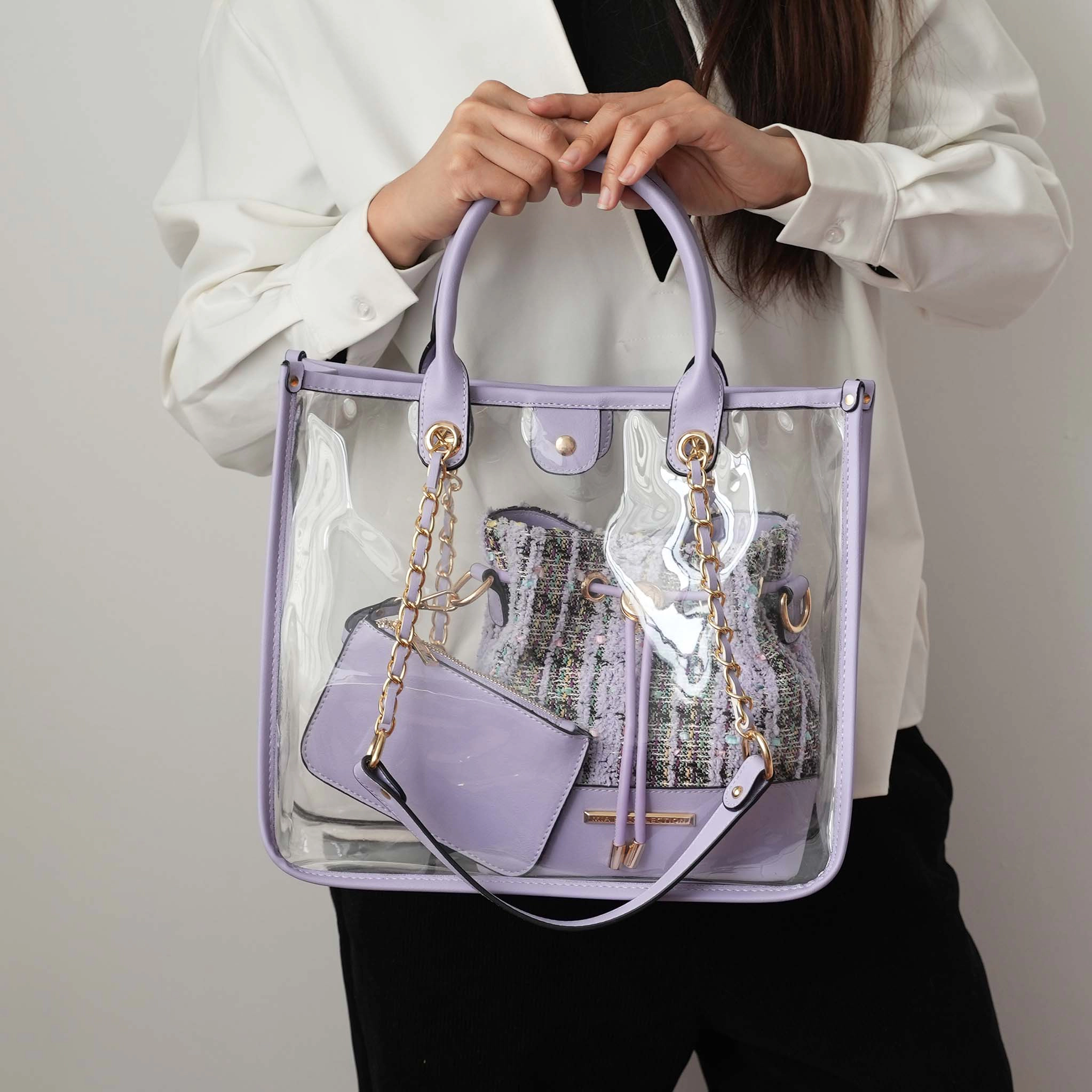 Mia K Collection 3-in-1 Handbag Set - Structured Tote, Tweed Bucket Bag & Mini Zipper Pouch