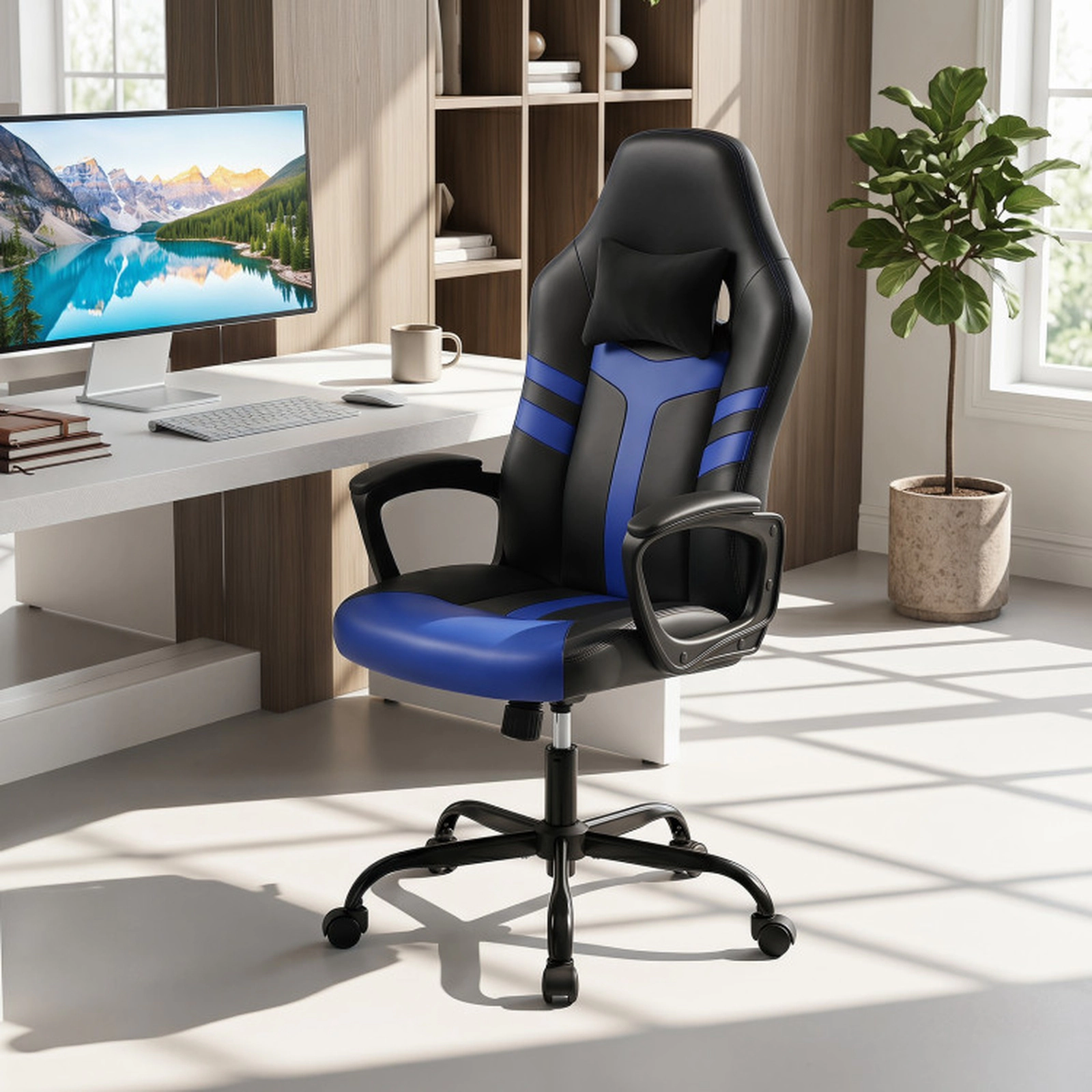 SUGIFT Blue Removable Head Pillow and Rocking Function Faux Leather Office Chair