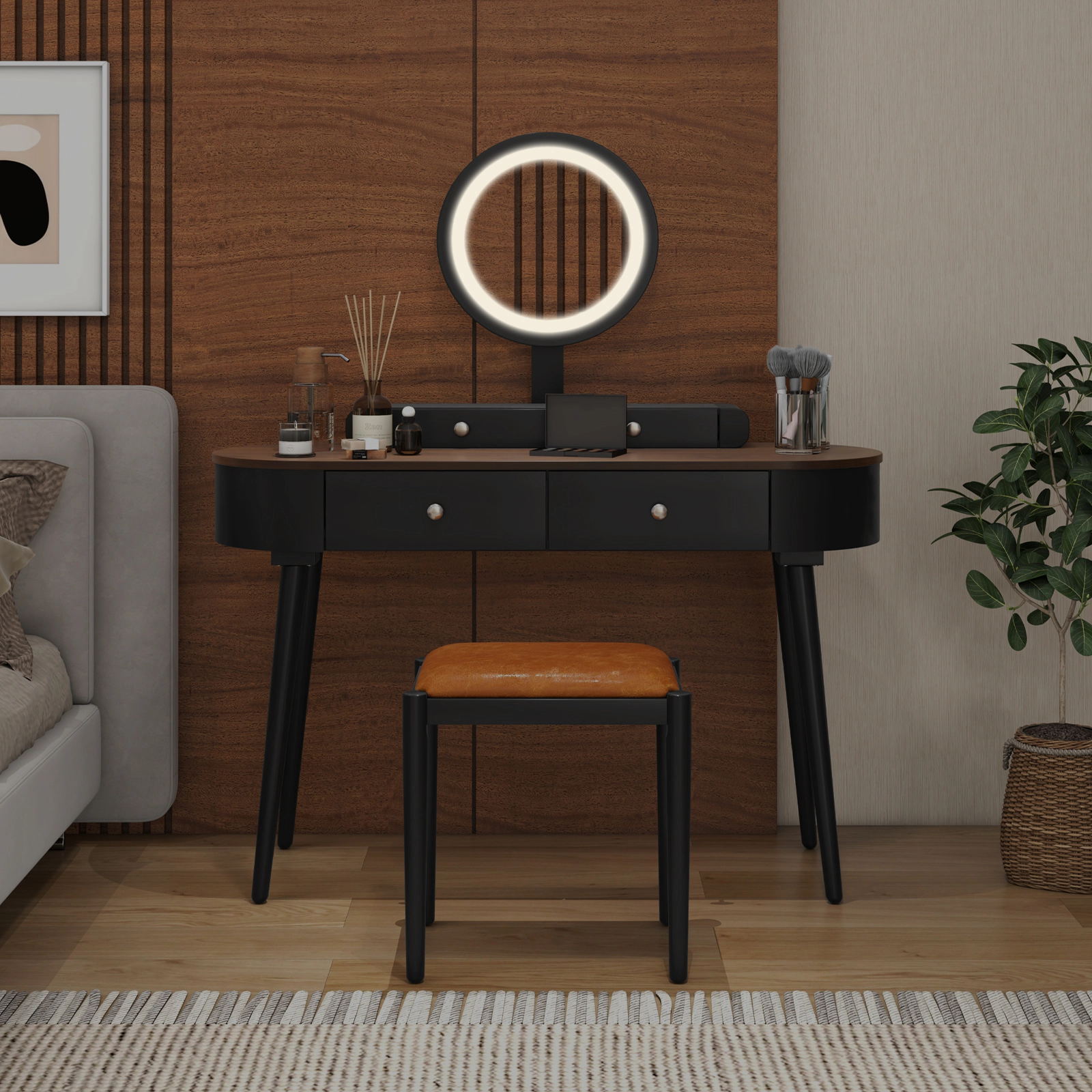 SUGIFT 47-Inch Makeup Vanity Set, LED Mirror, 2 Heights, Drawers and Cushioned Stool