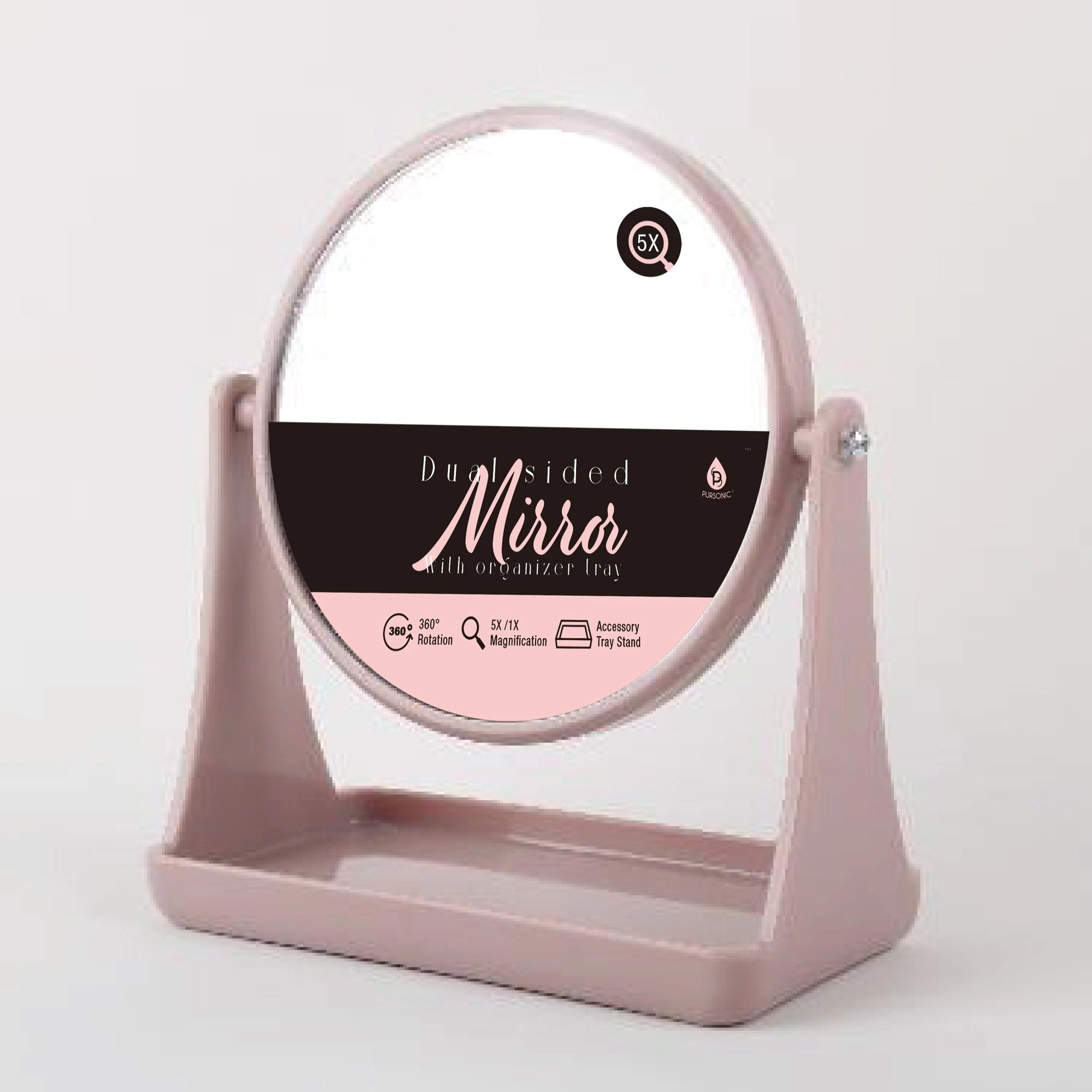Pursonic Unisex Dual Magnification Vanity Mirror with Organizer Tray – 1x/5x Swivel Makeup & Grooming Mirror