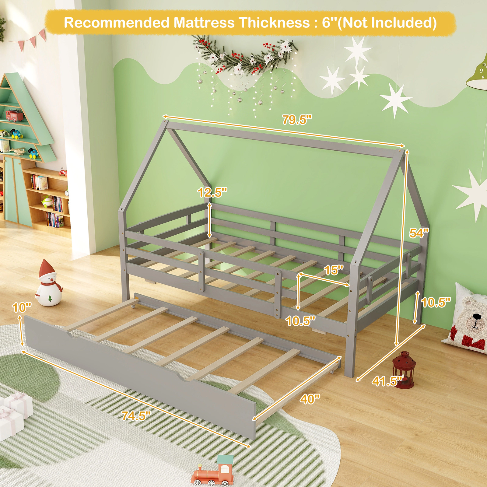 SUGIFT Twin House Bed with Pull-Out Trundle, Fence Rails, Gray Pine Wood, 330-Lb Capacity