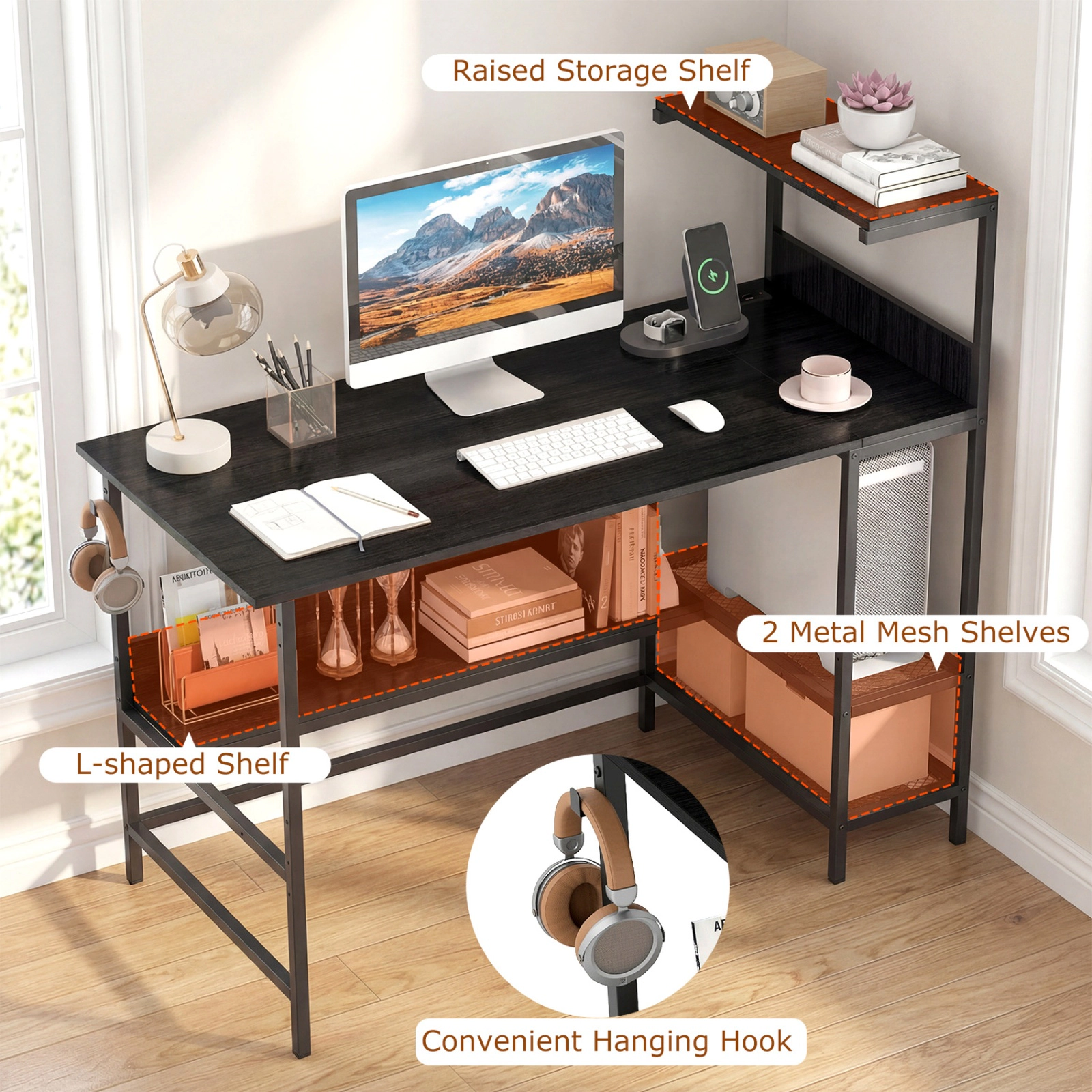 SUGIFT 48-in Computer Desk with Power Outlets, Raised Top Shelf and Storage Shelves 88-lb Tabletop Capacity Black