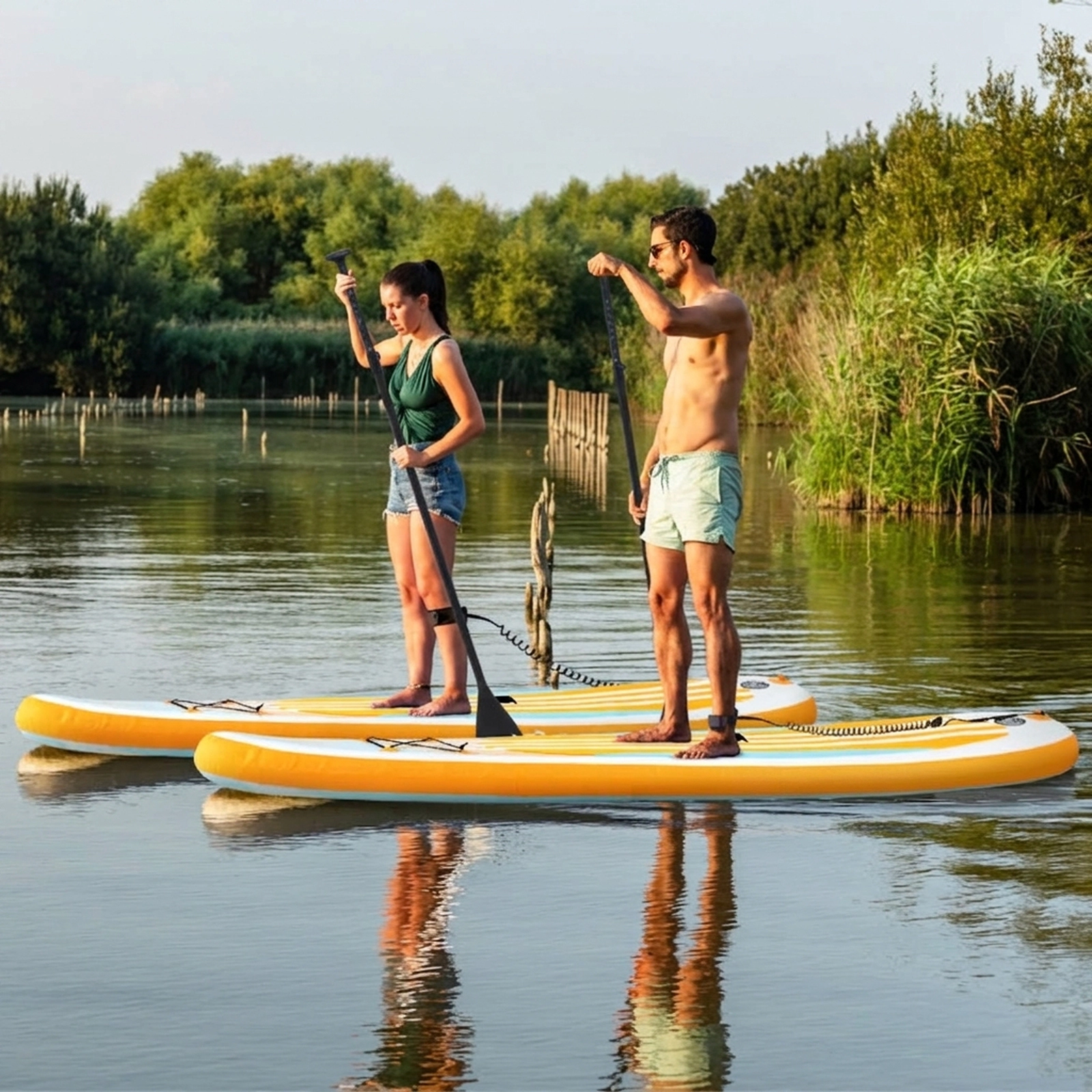 SUGIFT Inflatable Stand Up Paddle Board Water Toy with Adjustable Paddle and 3 Fins 350-lb Capacity 1-Person Blue+Yellow