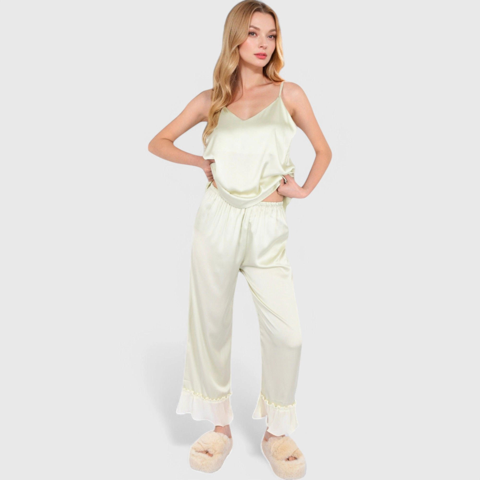 Anna-Kaci Women's Satin Pajama Set with Ruffled Cuffs and Button Up Top