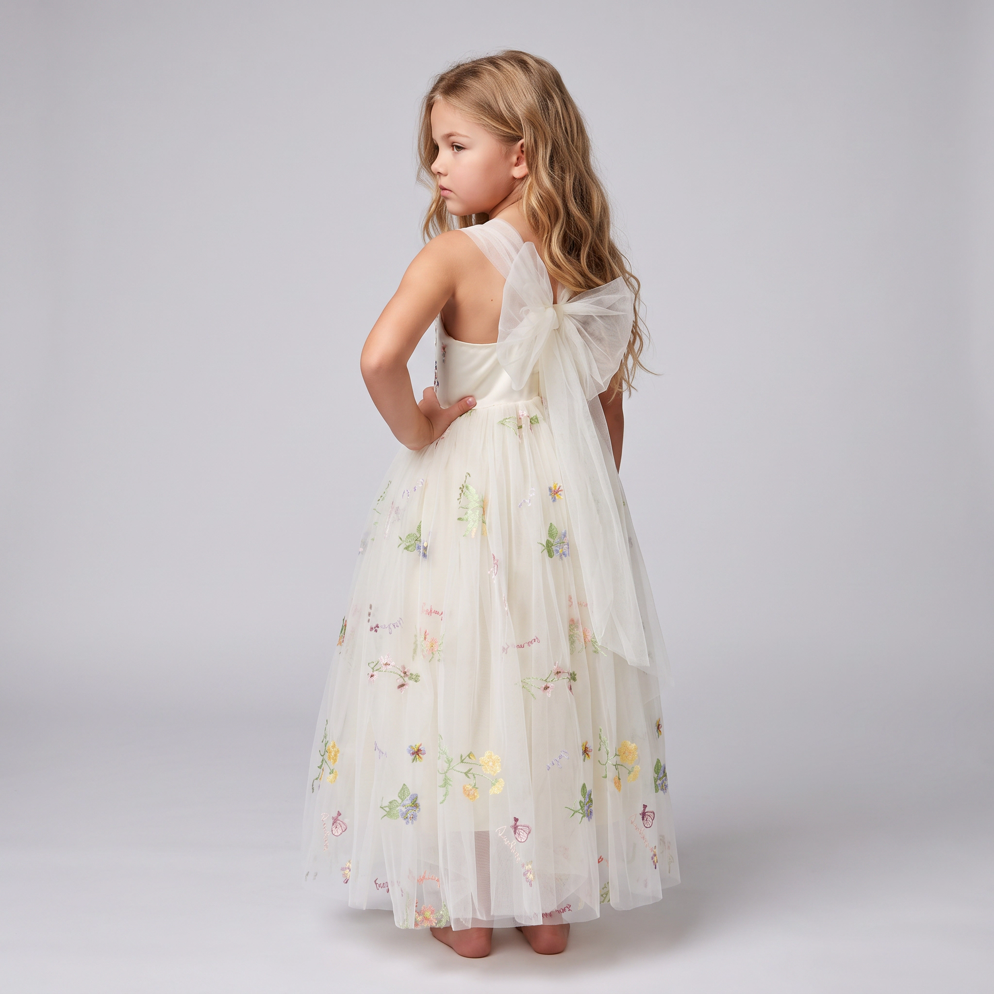 2Bunnies Girls' 2T-12Y Floral Garden Embroidered Tulle Maxi Dress with Cross-Back Tie Bow