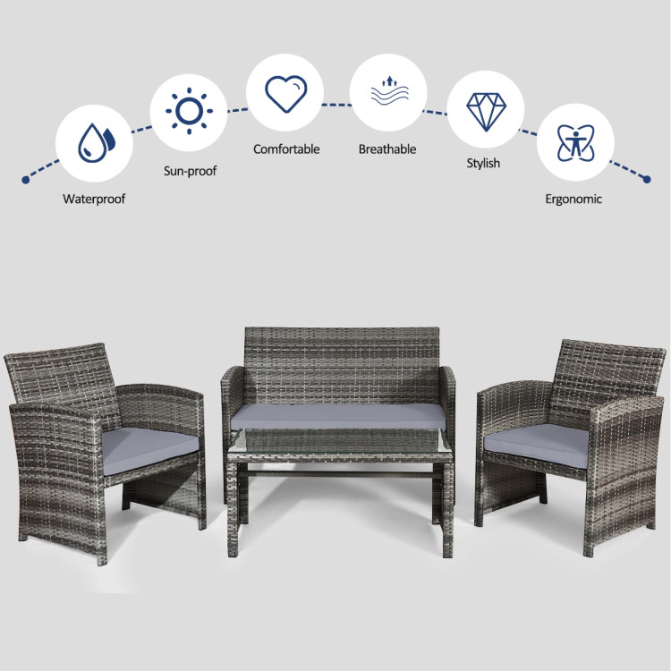 Hivvago 4 Pieces Patio Rattan Furniture Set With Glass Table And Loveseat-Gray
