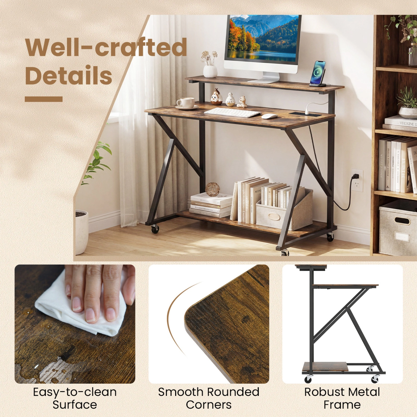 SUGIFT 39.5 in Rolling Computer Desk Rustic Brown with Charging Station and Monitor Shelf