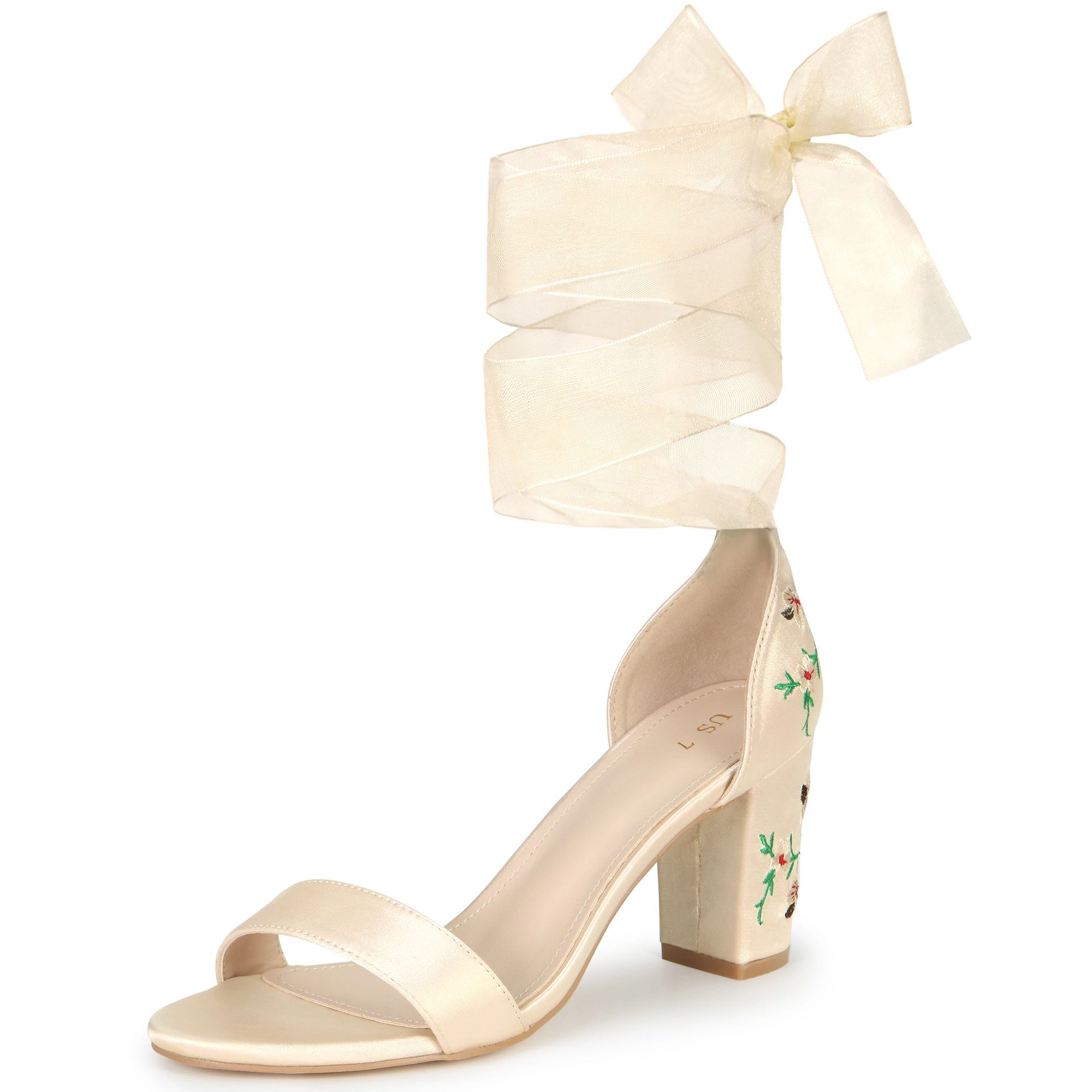 BLISSFUL STEP Women's Satin Floral Lace Up Chunky Heel Open Toe Sandals