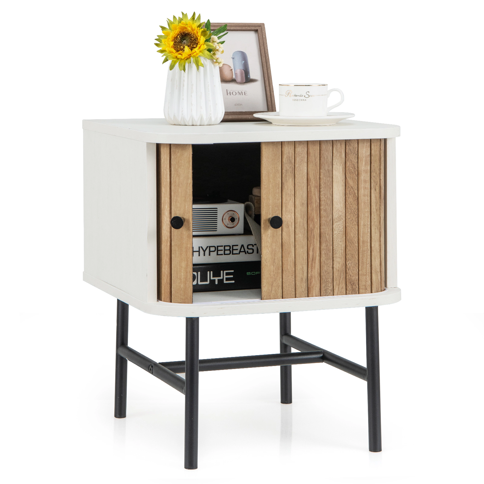 Glintex Mid-Century Nightstand with Sliding Cabinet Doors and Metal Rail, White