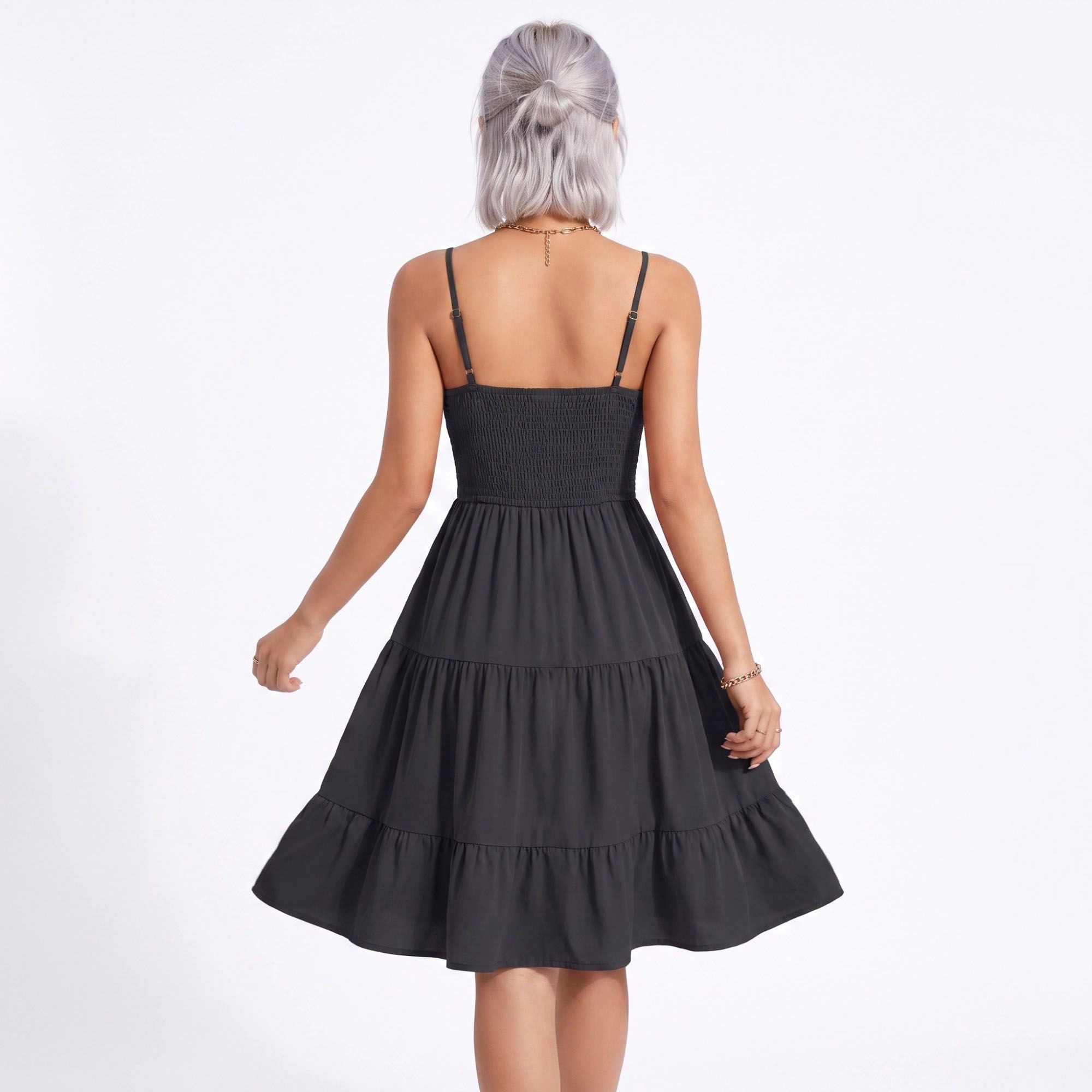Anna-Kaci Women's Spaghetti Strap Square Neck Smocked Back Tiered Dress