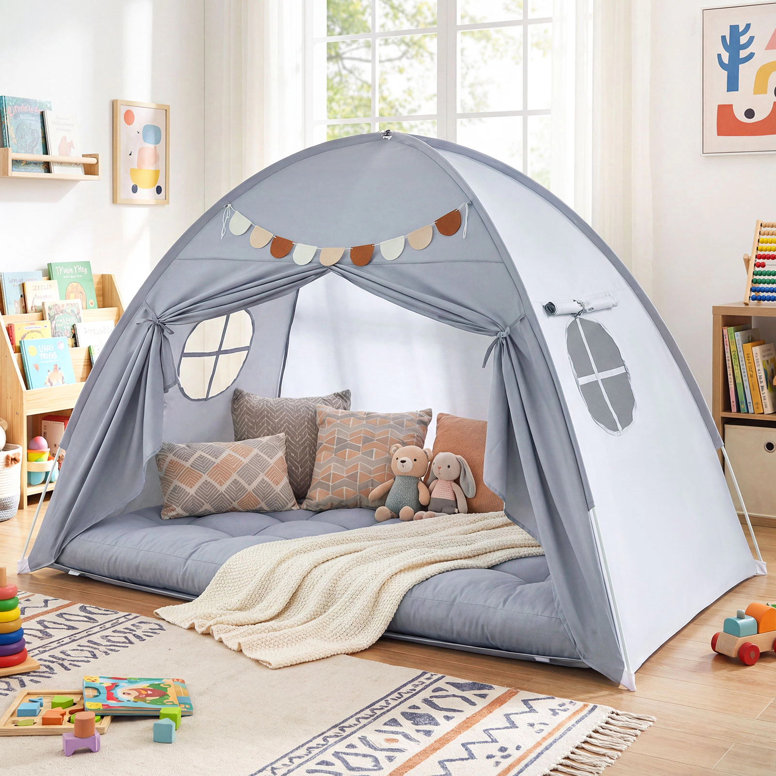 SUGIFT Indoor Canopy Tent for Twin Bed Kids Ages 3+ 79-in Long Brushed Fabric Gray