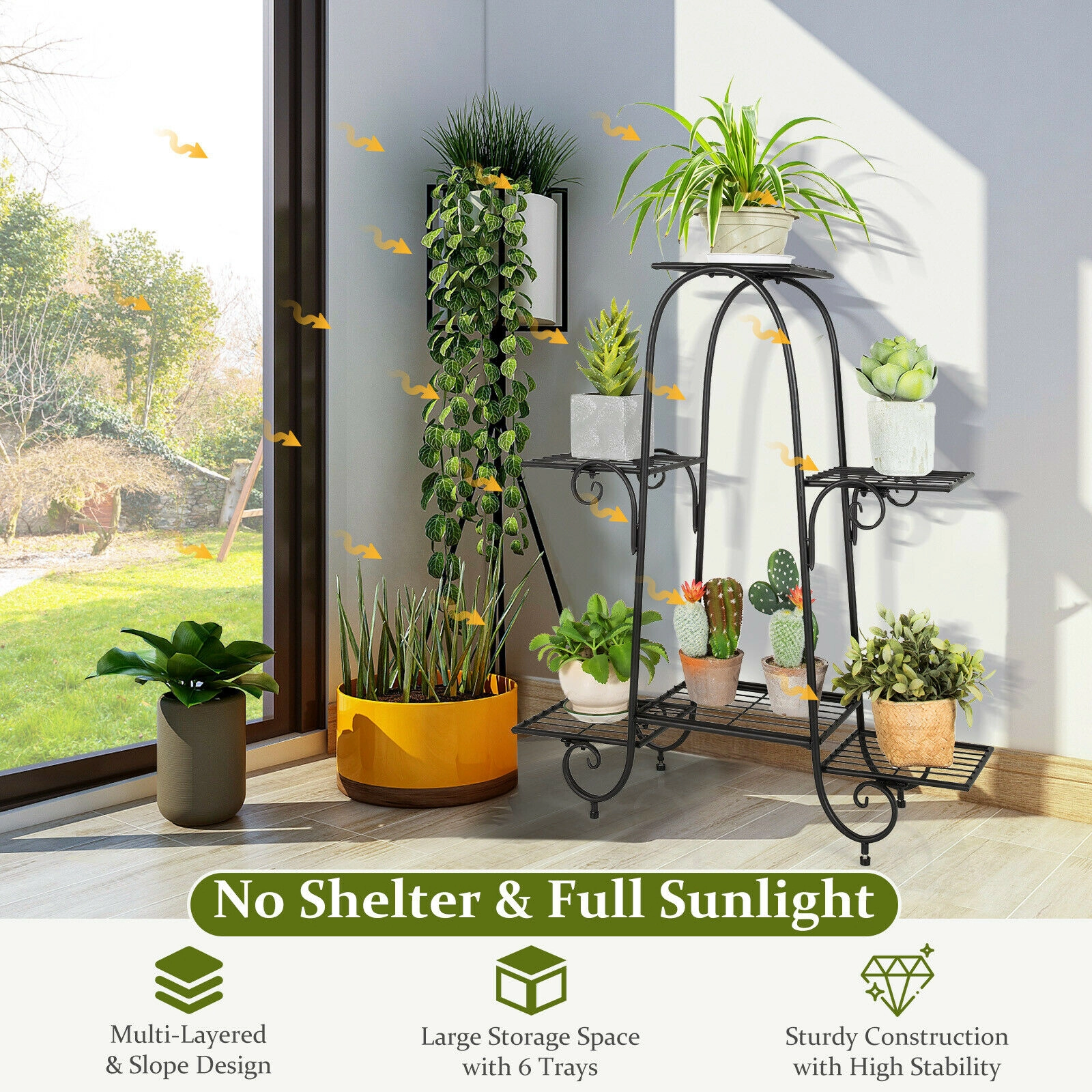 Slickblue Black Metal 6 Tier Plant Rack Square Tray Shelf Stand for Indoor Outdoor Use