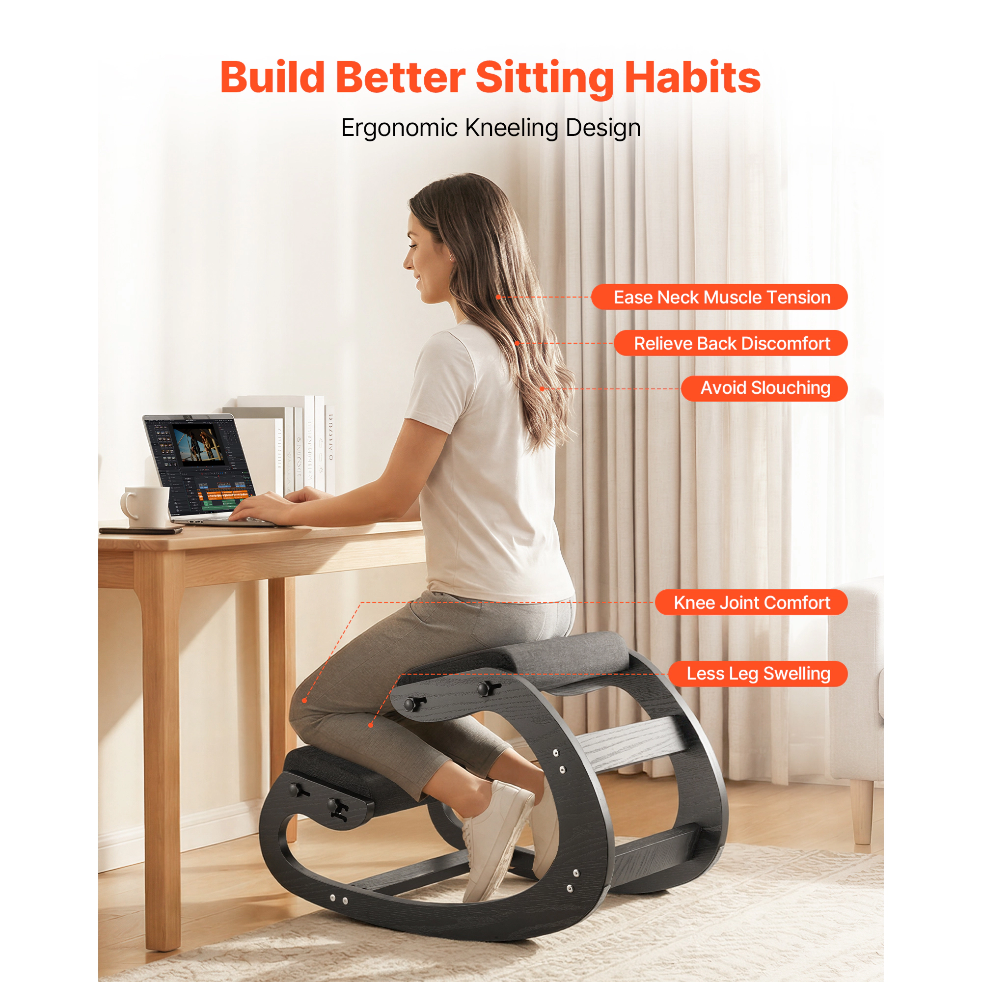 HONGGE Ergonomic Kneeling Chair Wooden Posture Knee Chair with Adjustable Thick Foam Cushions Solid Wood Frame