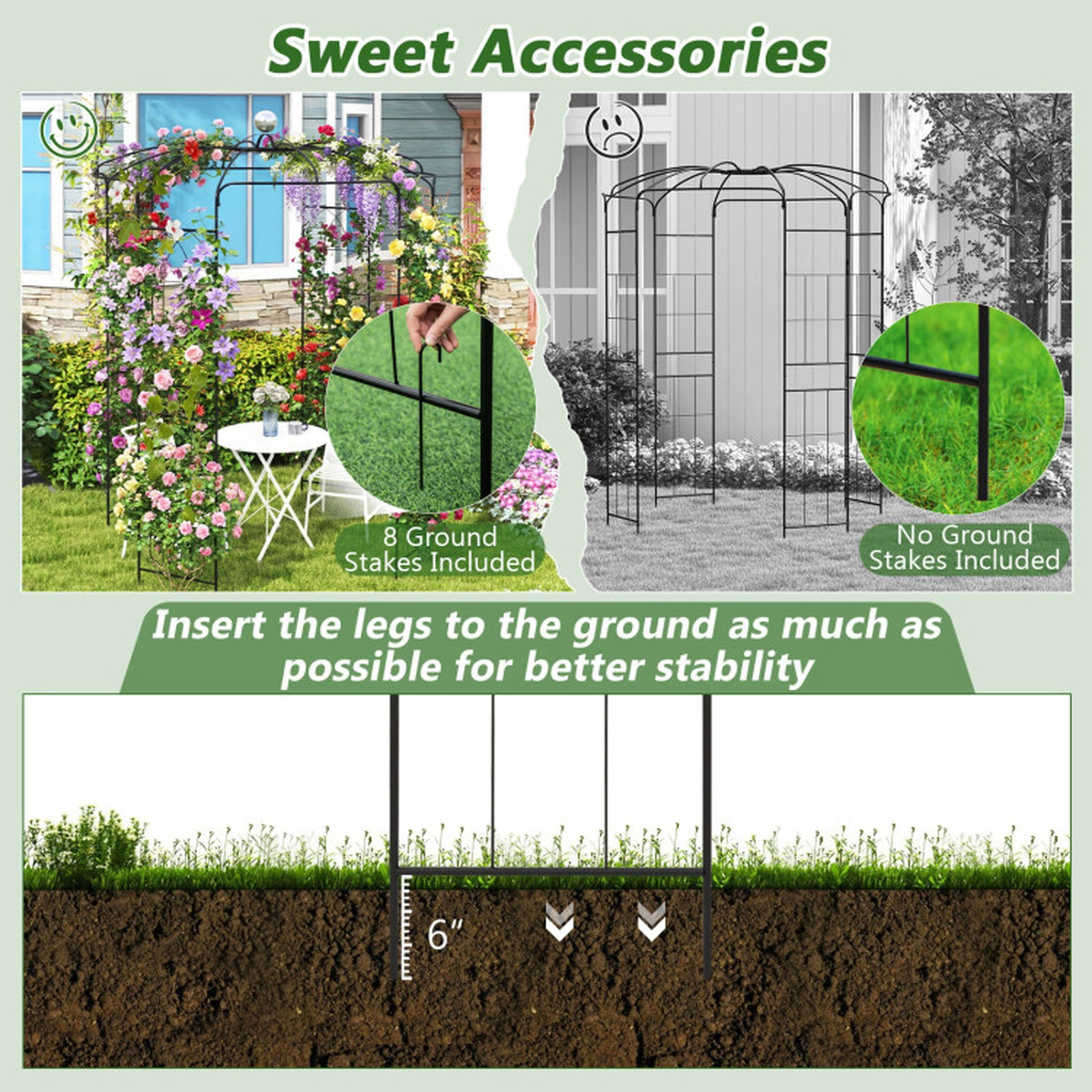 SUGIFT Birdcage Shape Galvanized Metal Garden Gazebo Trellis with 7-lb Hook Capacity Black