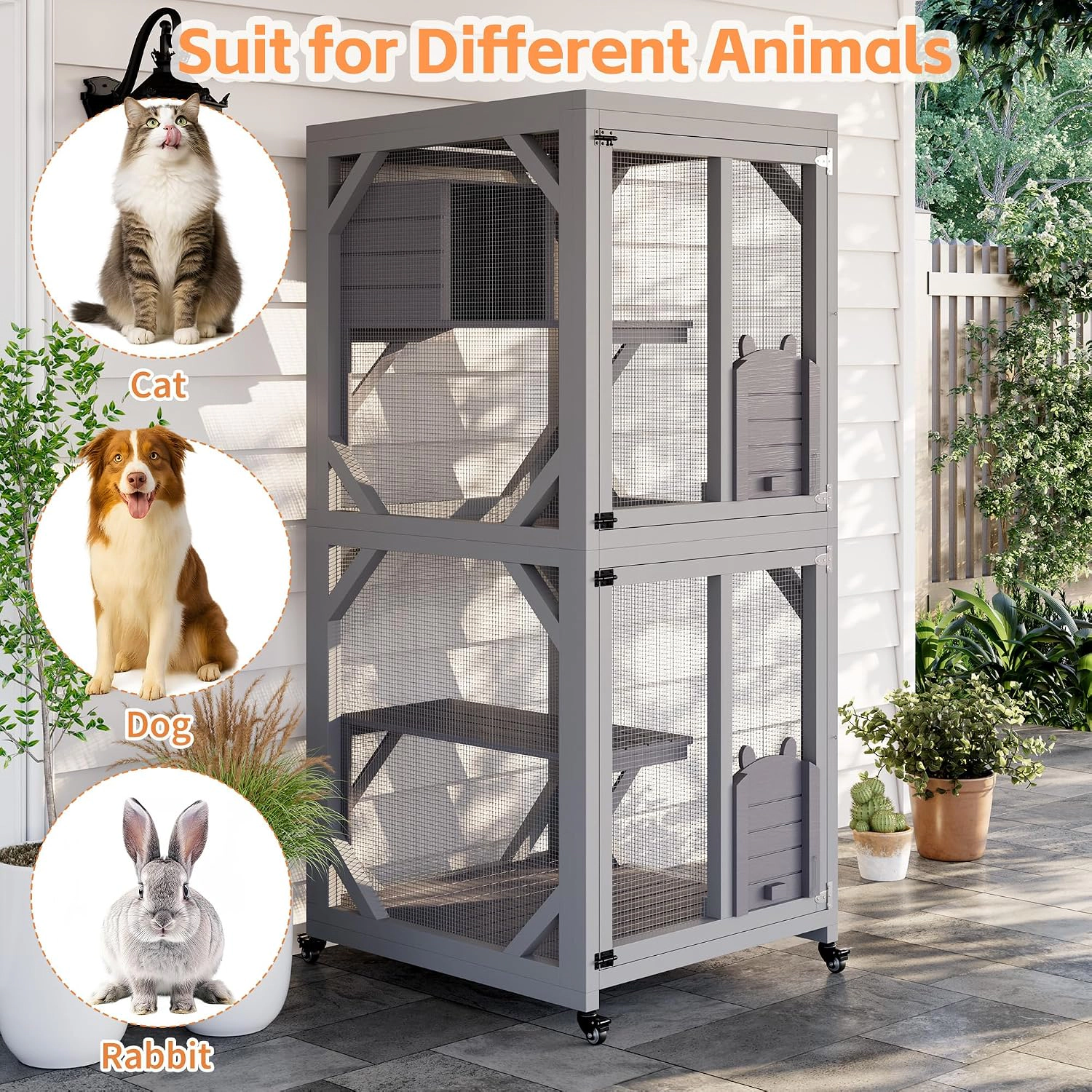Wooden Outdoor Catio Cat Enclosure, Weather-Resistant Cat House with Scratching Post & Mesh Panels