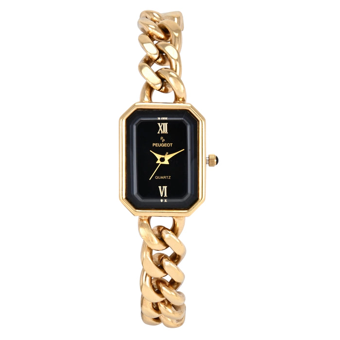 Peugeot Women's 14K Gold-Plated Rectangular Black Dial Link Bracelet Watch