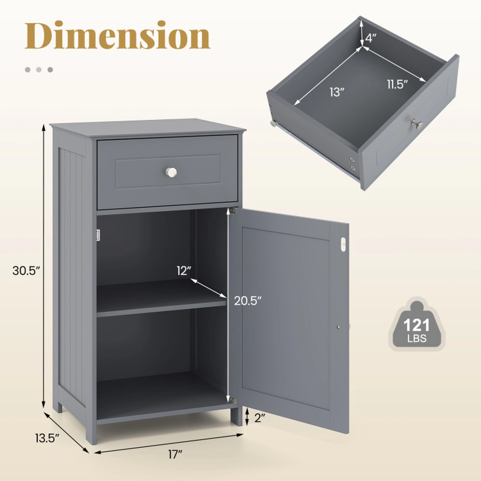 SUGIFT Drawer Single Door 3-Level Shelf Freestanding Bathroom Cabinet 17-in x 13.5-in x 30.5-in 220-lb Capacity Gray