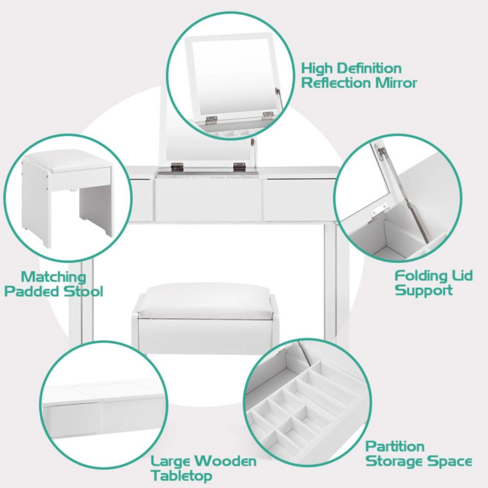 Hivvago Vanity Makeup Dressing Table Set With Flip Top Mirror And Cushioned Stool-White