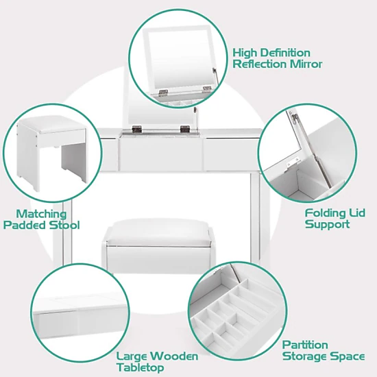 Hivvago Vanity Makeup Dressing Table Set With Flip Top Mirror And Cushioned Stool-White