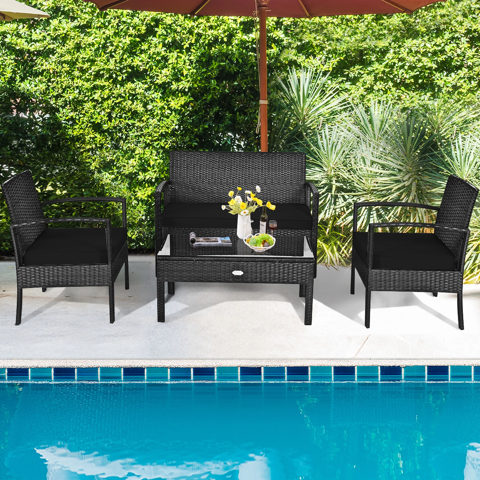SUGIFT Tempered Glass Coffee Table 4-Piece Black Patio Rattan Cushioned Furniture Set