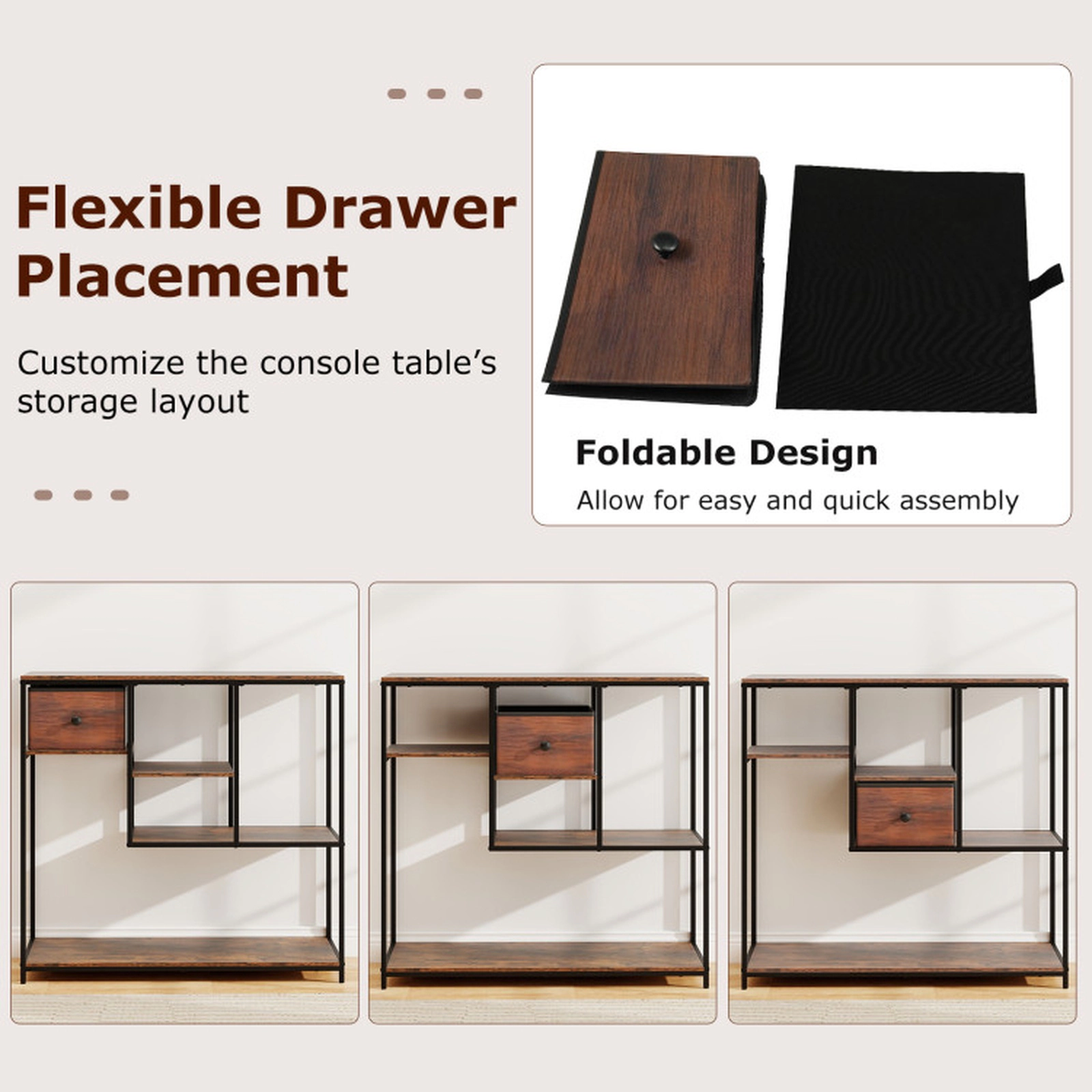 SUGIFT 40-in Console Table Behind Sofa Couch with Storage 88-lb Bottom Shelf Capacity Rustic Brown and Black