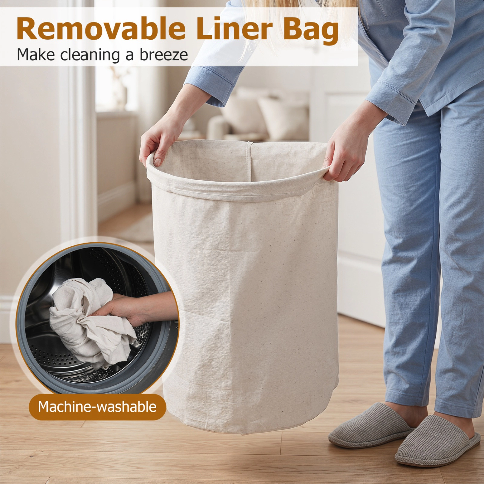 SUGIFT 19 Gal Bamboo Laundry Hamper with Zippered Lid and Removable Liner
