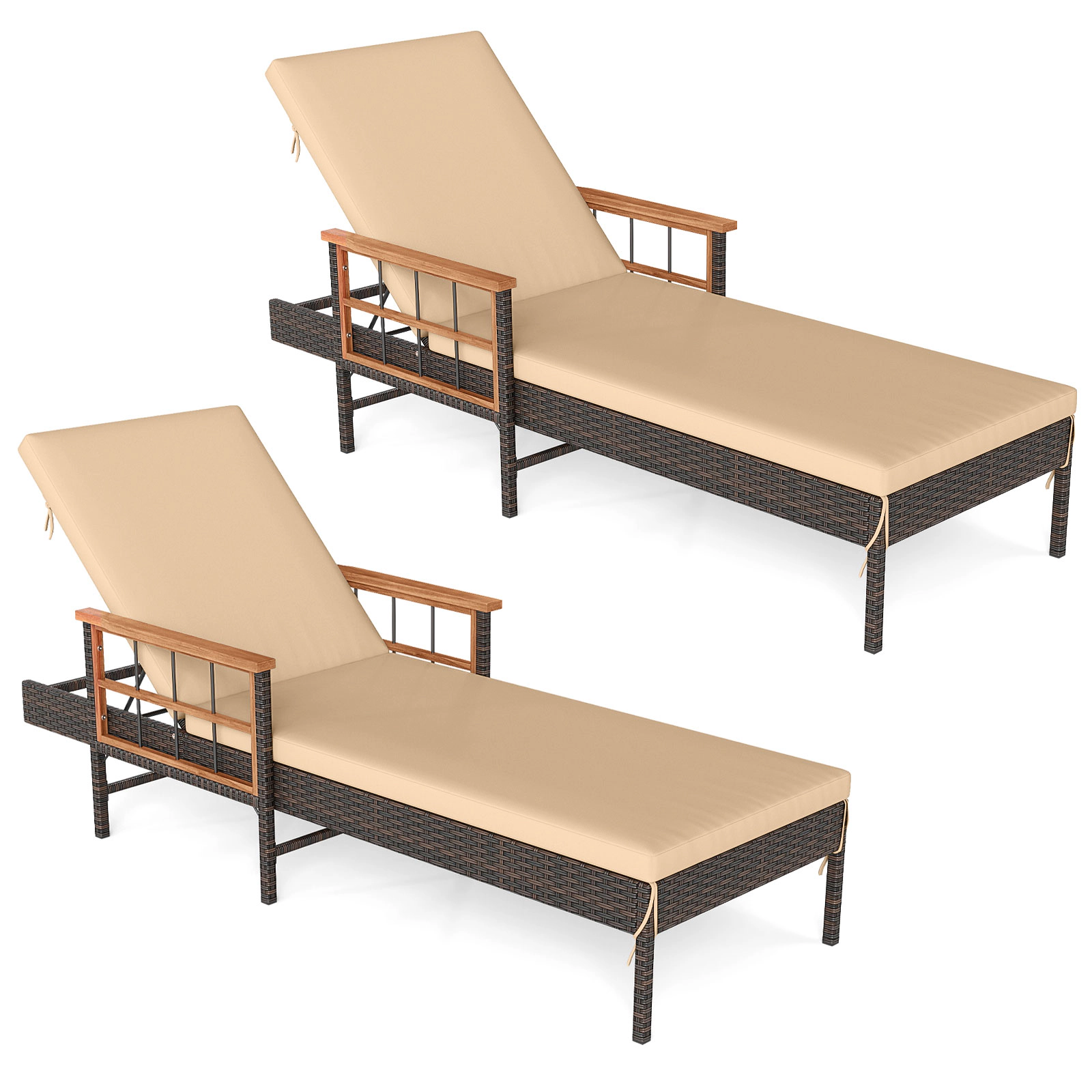 LJG Patio Rattan Chaise Lounge with 4-Level Adjustable Backrest