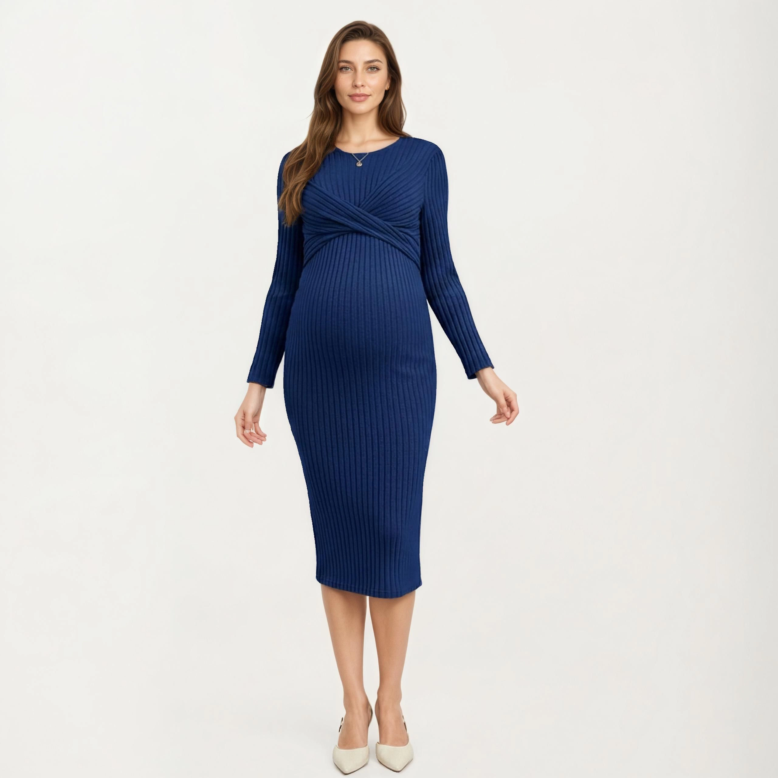 Anna-Kaci Women's Ribbed Knit Long Sleeve Front Twist Maternity Dress