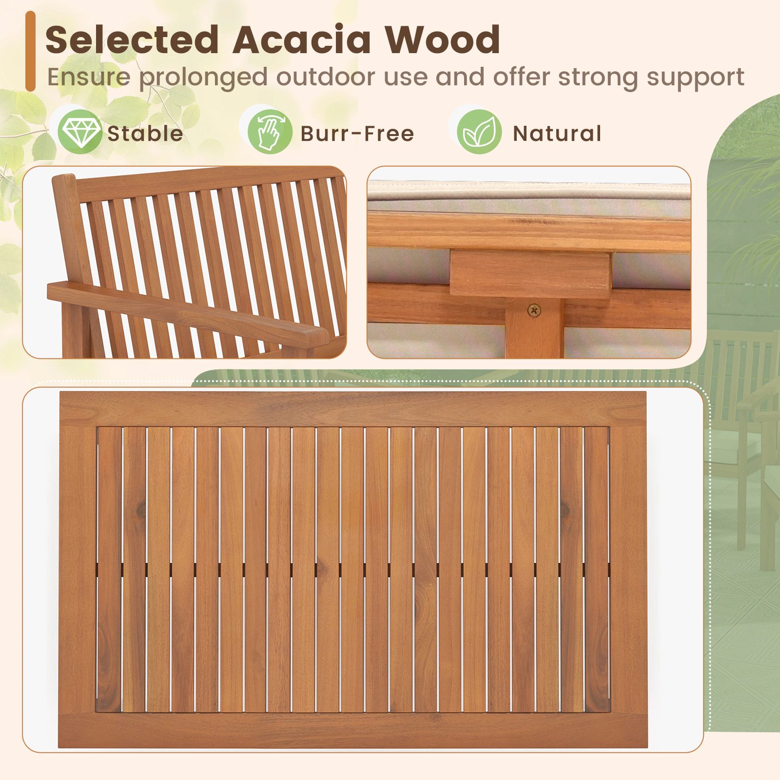 SUGIFT 4 Piece Acacia Wood Patio Conversation Set Loveseat 800-lb Capacity 47.5 x 24 x 31 in Loveseat Off White Cushions