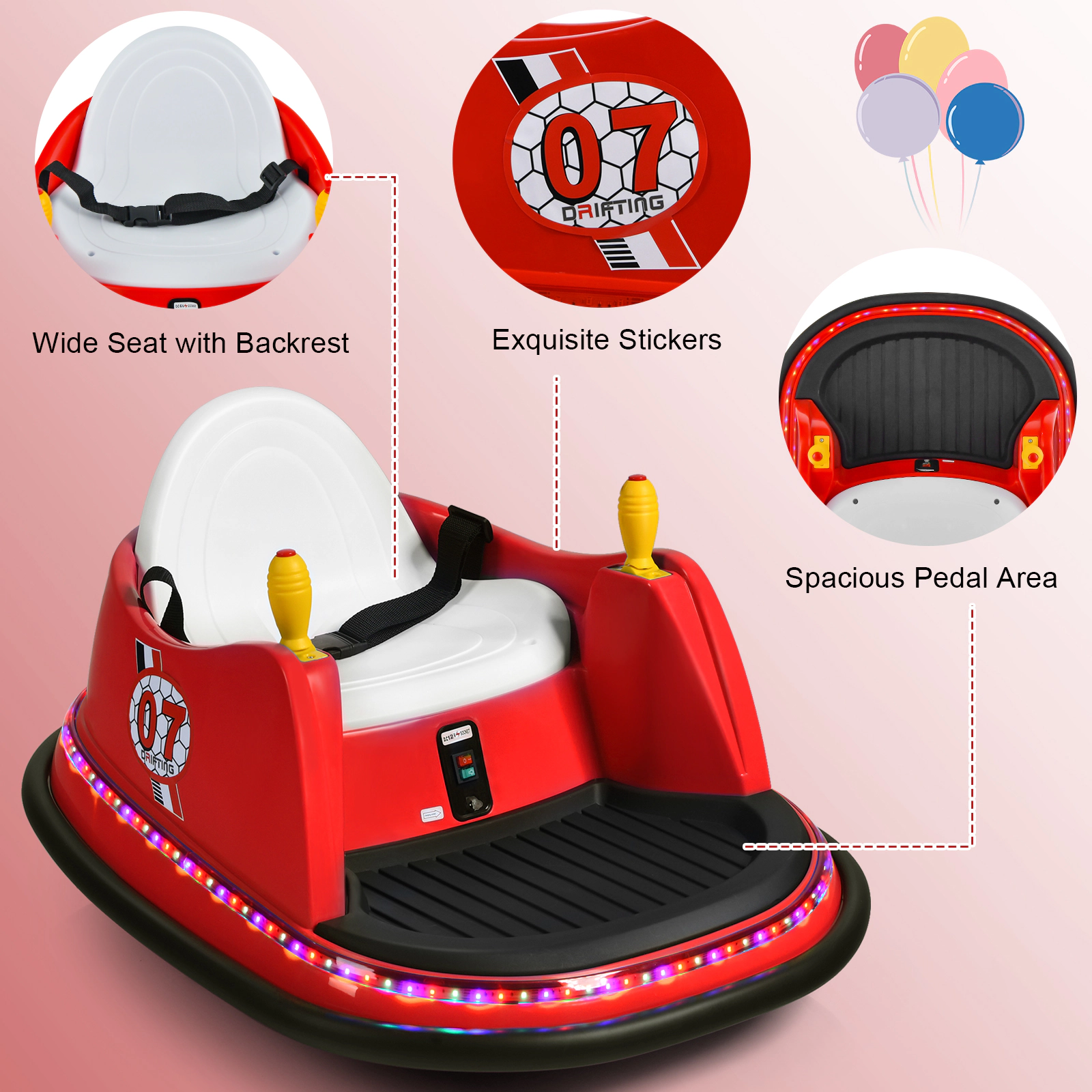 SUGIFT Red Flashing Lights Dual Joysticks and Safety Belt Toddler 12V Ride On Bumper Car