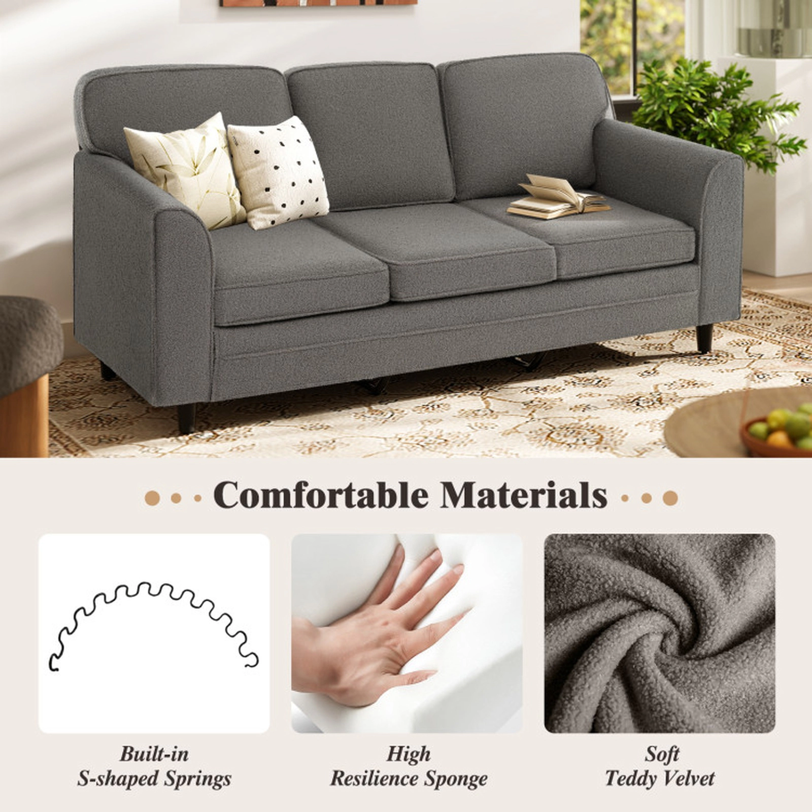 SUGIFT Upholstered Teddy Velvet 3-Seat Sofa with Comfy Back Pillows 485-lb Capacity 79-in Frame 64.5-in Seat Gray/White