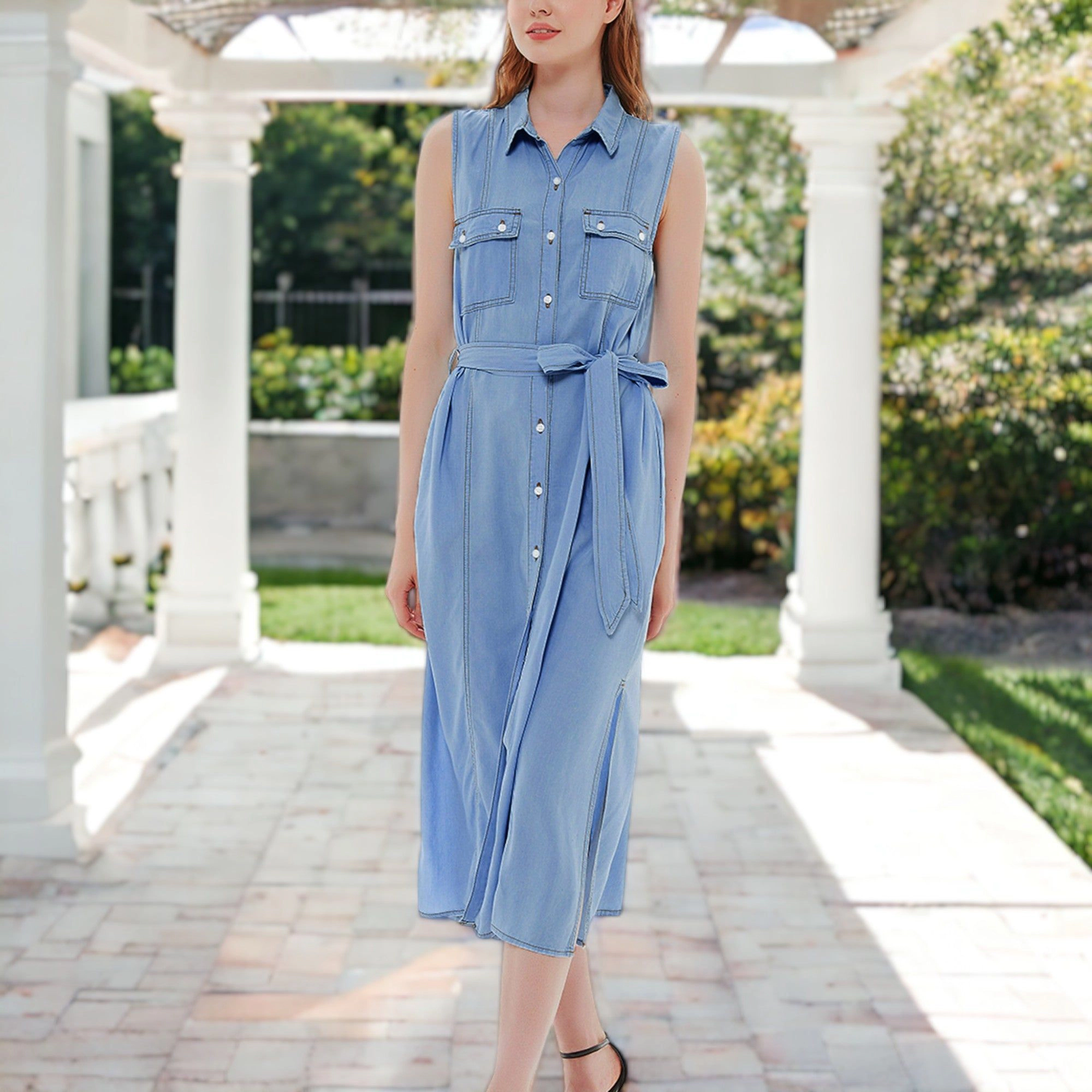 Anna-Kaci Women's Denim Tie Waist Turn Down Collar Pocket Shirt Dress