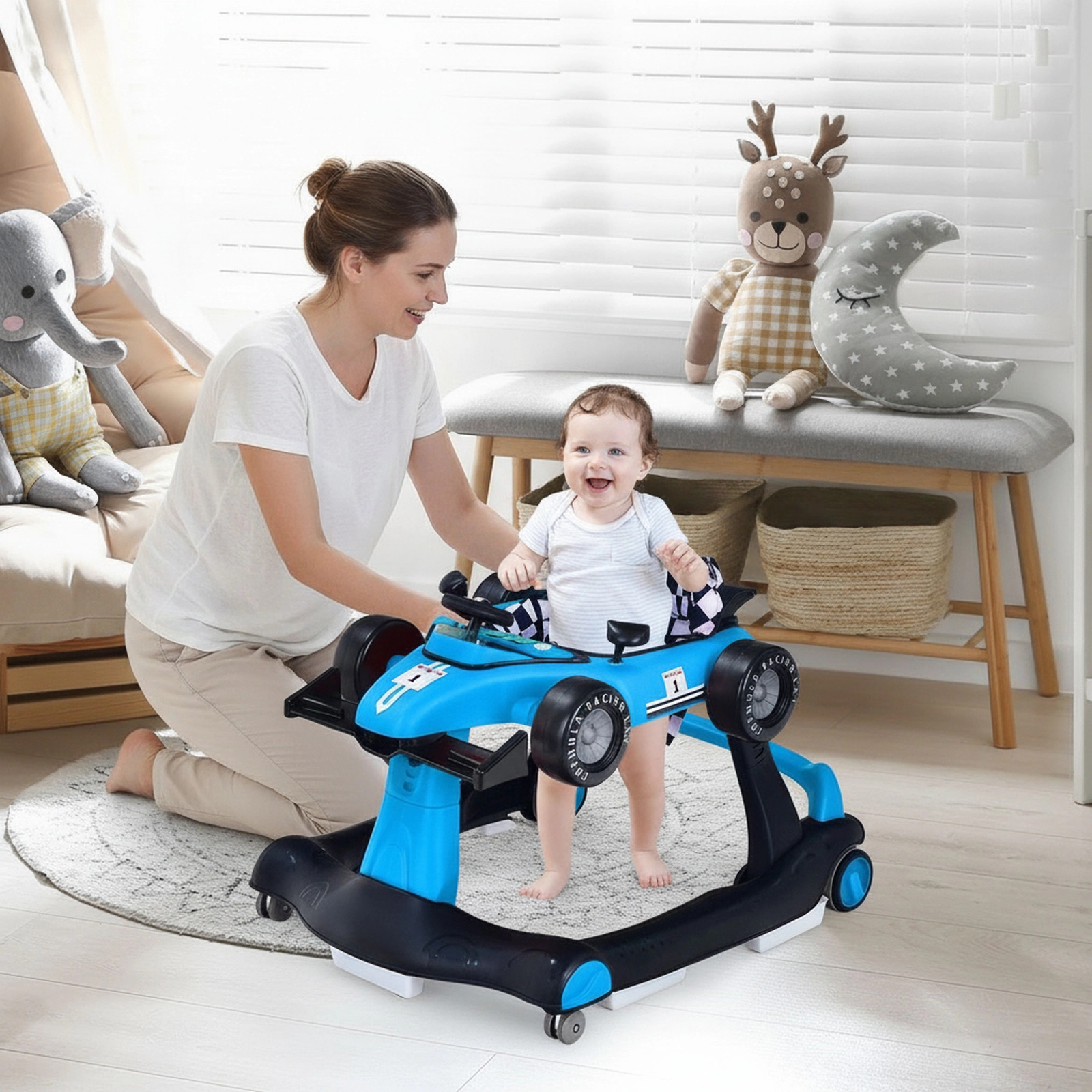 5-in-1 Baby Walker with Wheels with 2 Speed Settings 5 Padded Stair Guards 3 Seat Heights and Toy Car Floor Mode Blue