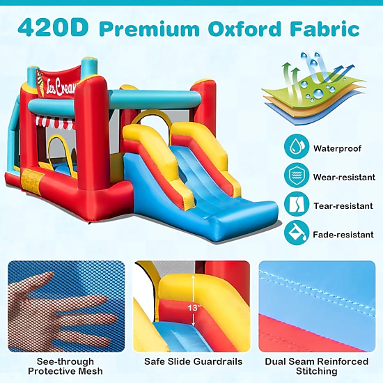 SUGIFT Multicolor 5-in-1 Ice Cream Kids Bounce House with 63-in Slide Ball Pit and 520W Blower 187-in Long