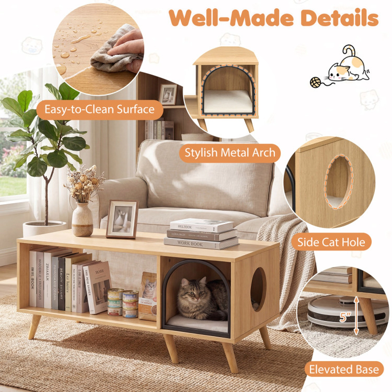 SUGIFT Natural 2-in-1 Coffee Table Cat House with Open Shelf 40-in W 20-in D 18-in H 88-lb Tabletop Capacity