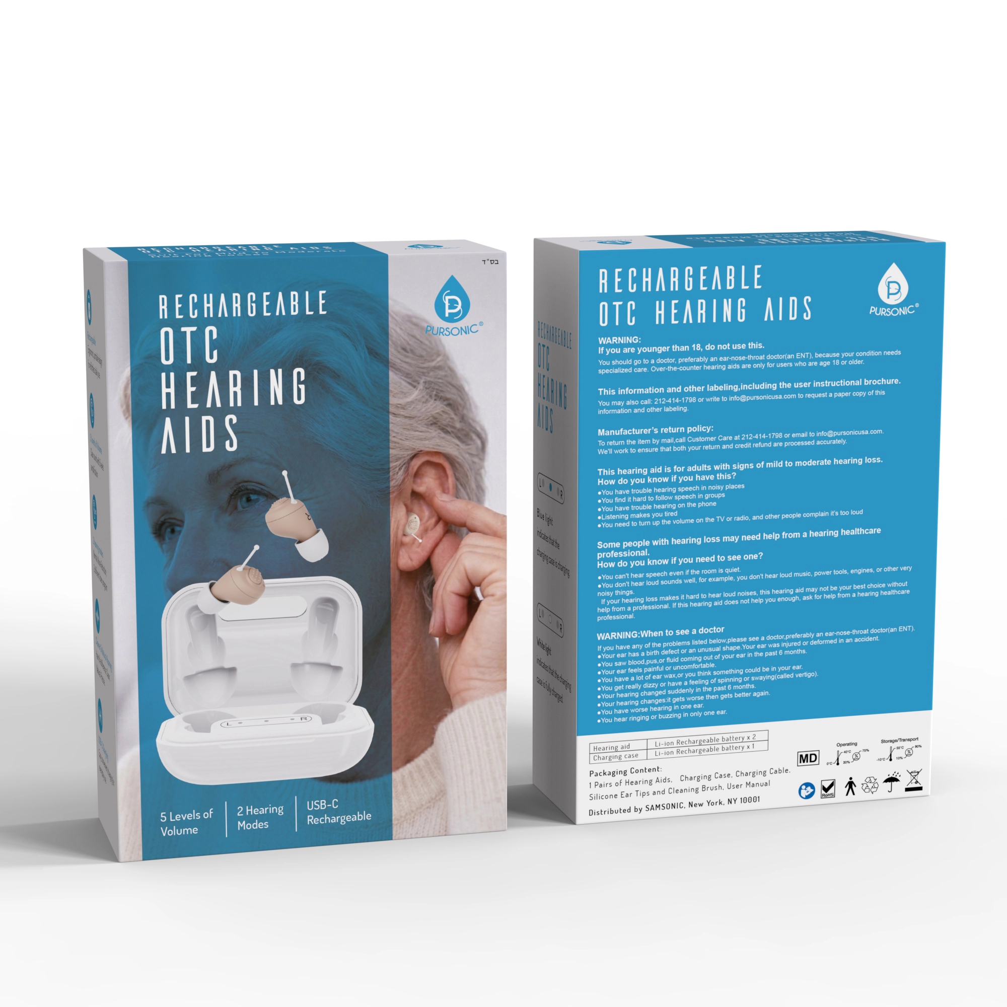 Pursonic Rechargeable OTC Hearing Aids for Mild to Moderate Hearing Loss – with 5 Volume Levels & 2 Hearing Modes