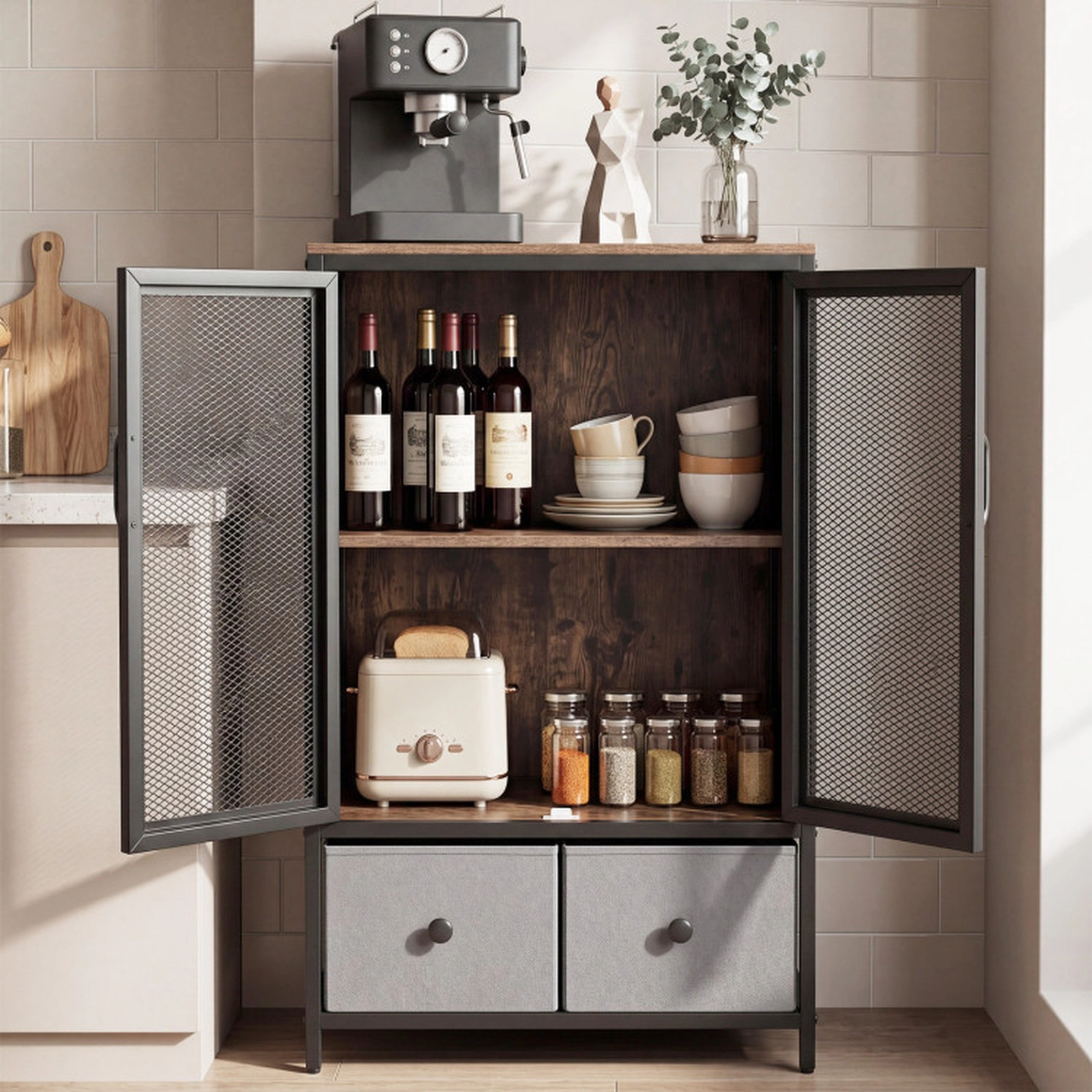 SUGIFT Industrial Coffee Bar Cabinet 2-Tier Storage Compartment 198.5-lb Total Capacity Rustic Brown & Black with Gray