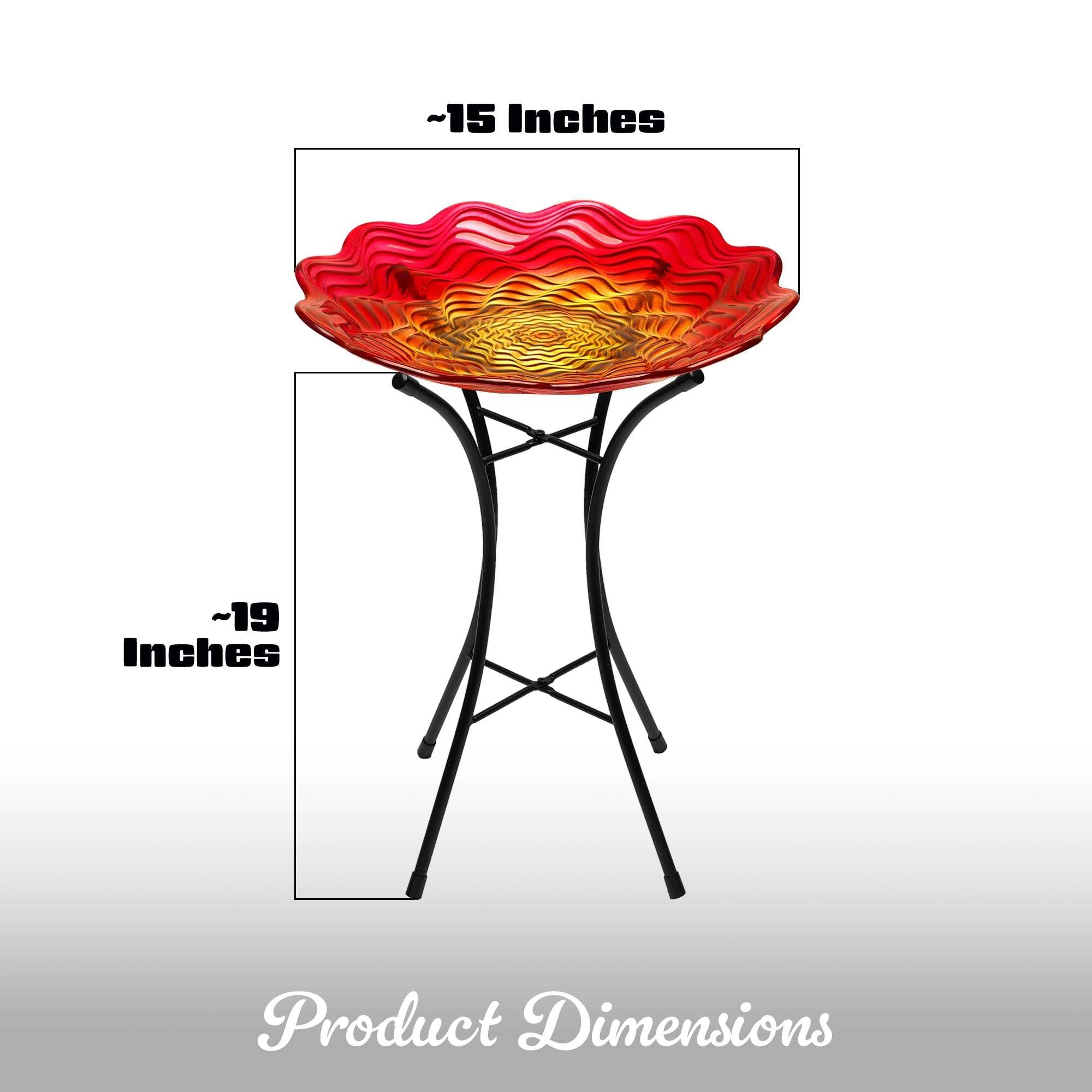 G128 19in Red Painted Glass Bird Bath with Stainless Metal Stand, Outdoor Garden Feeder Bowl
