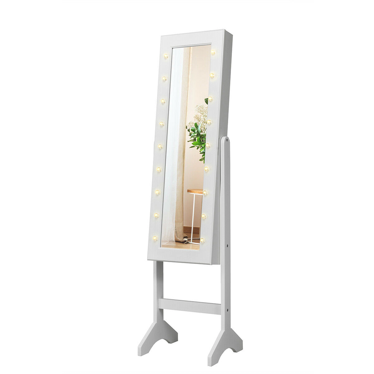 SUGIFT 57 in Mirrored Jewelry Armoire White Organizer Cabinet with 18 Marquee LED Lights