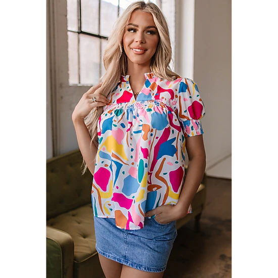 Threaded Pear Women's Harper Shirred Short Sleeve Blouse