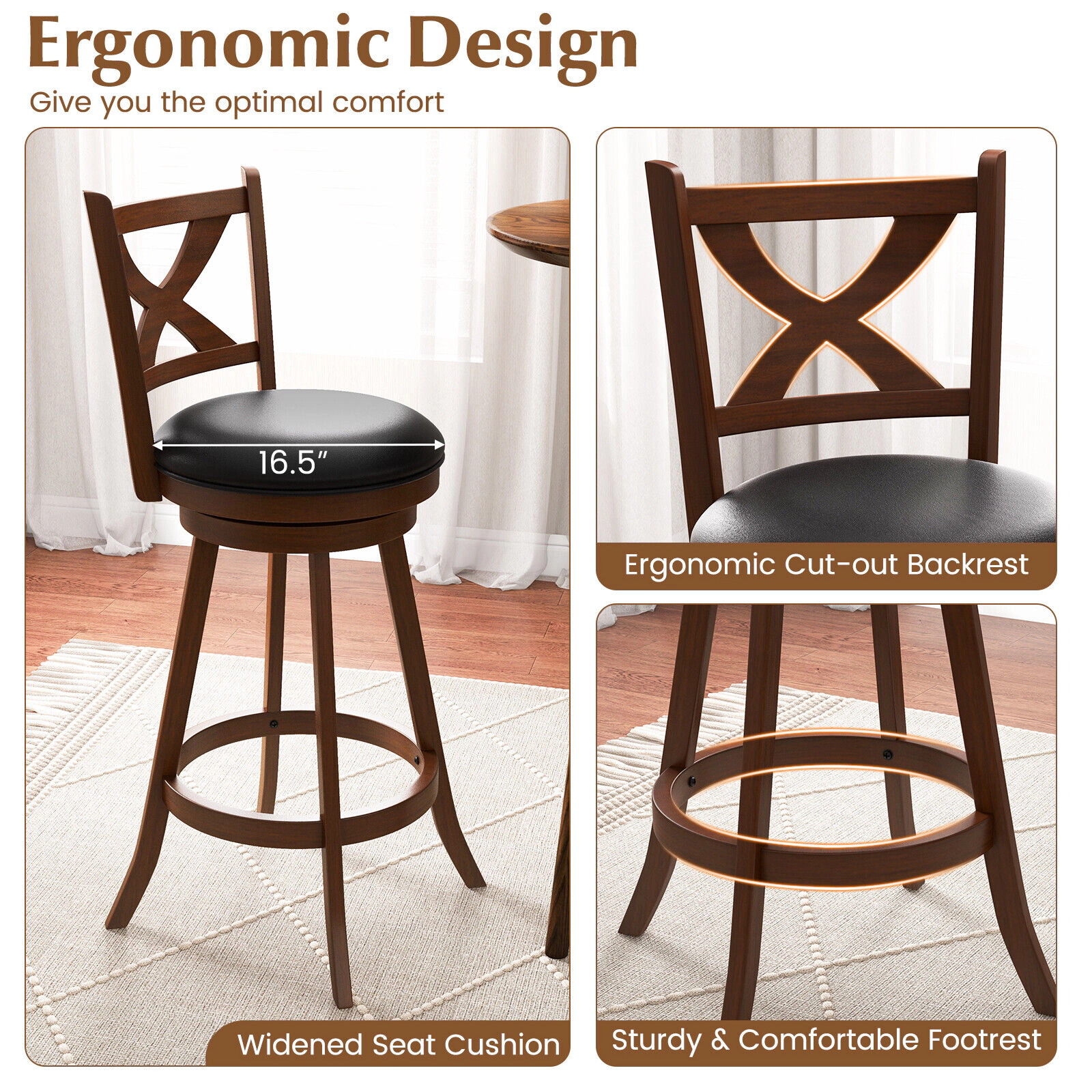 Glintex 2-Piece 30-Inch Swivel Bar Stool Set with X-Shaped Open Back, Brown