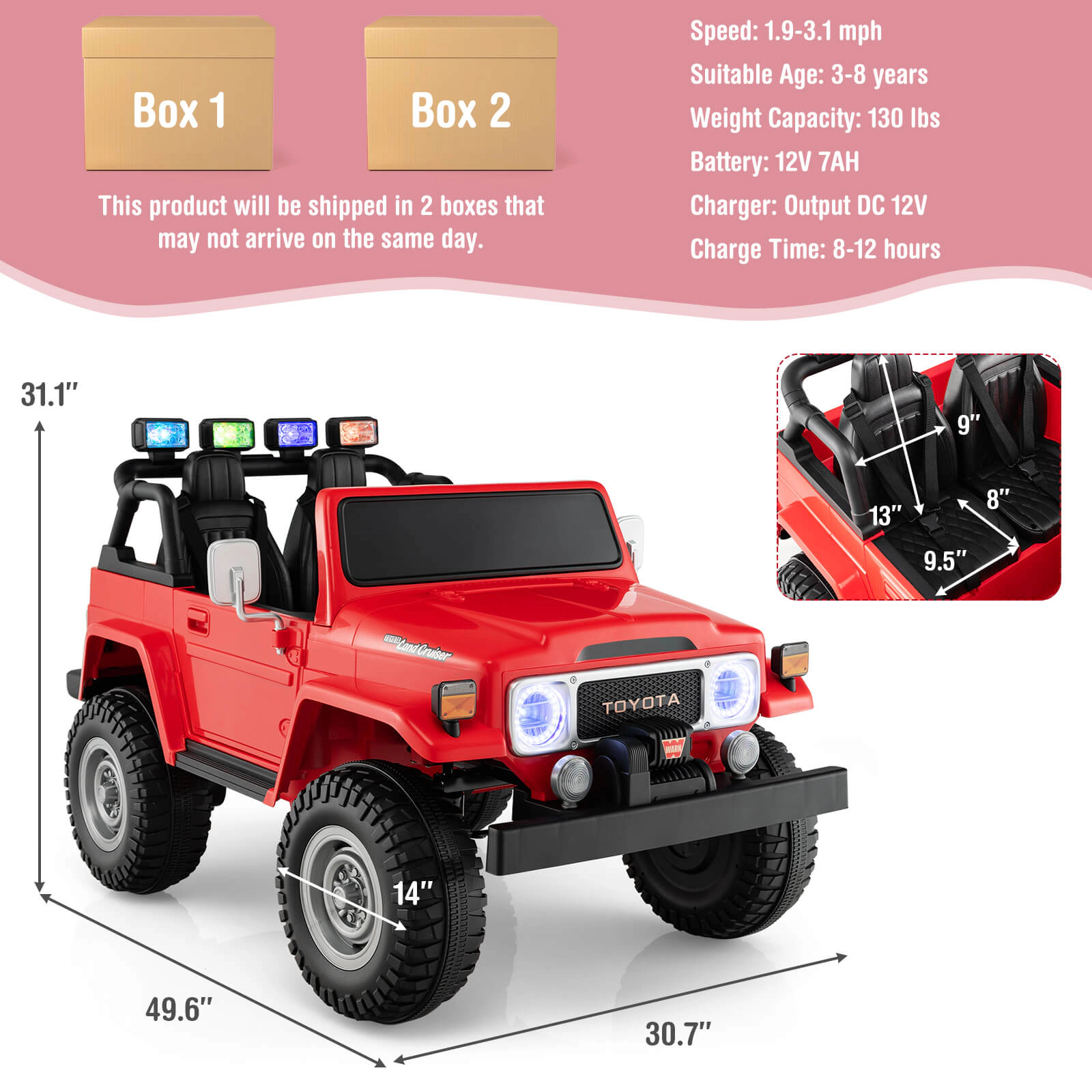 SUGIFT Red 2.4G Remote Control 2 Seat Kids 12V Licensed Toyota FJ40 Ride On Car