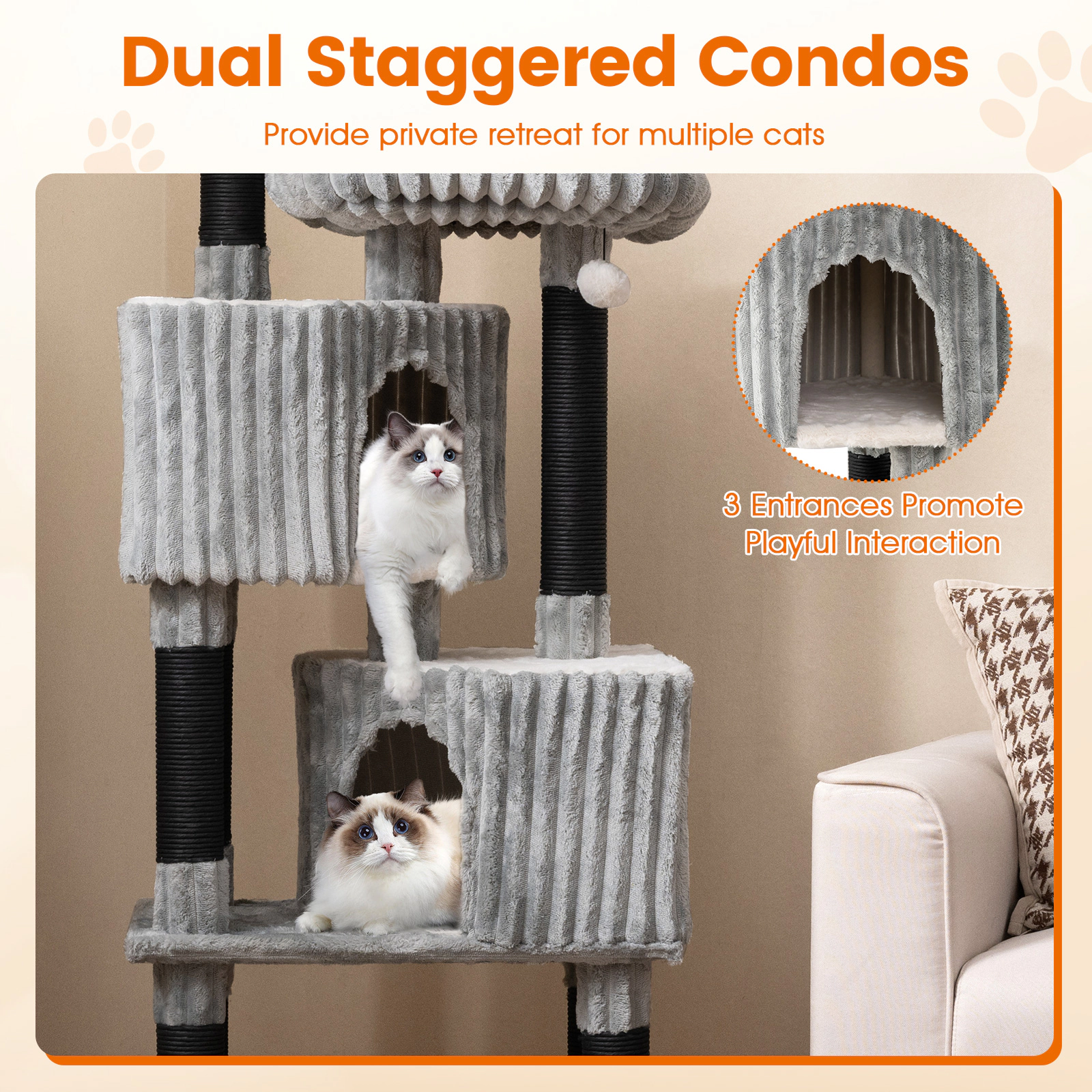 SUGIFT 62-in Light Gray Cat Tree Tower with Ribbed Flannel Covering and Faux Rabbit Fur Perches 23.5-in W